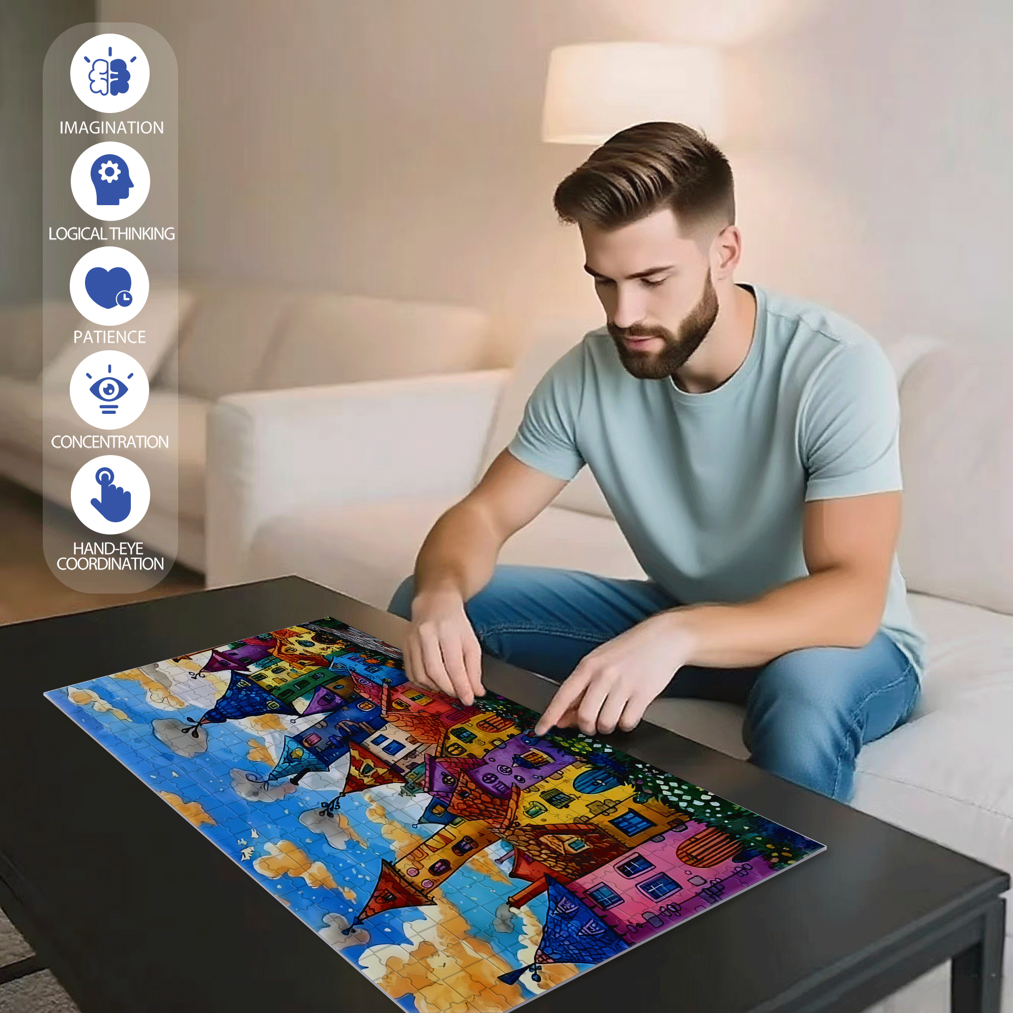 Colorful Houses & Cloudy Sky 500pcs/1000pcs Jigsaw Puzzle, Scratch-Resistant, Interactive Family Game & Brain-Boosting DIY Decor, Perfect for Halloween, Christmas & New Year Gifts, Family Puzzle Game