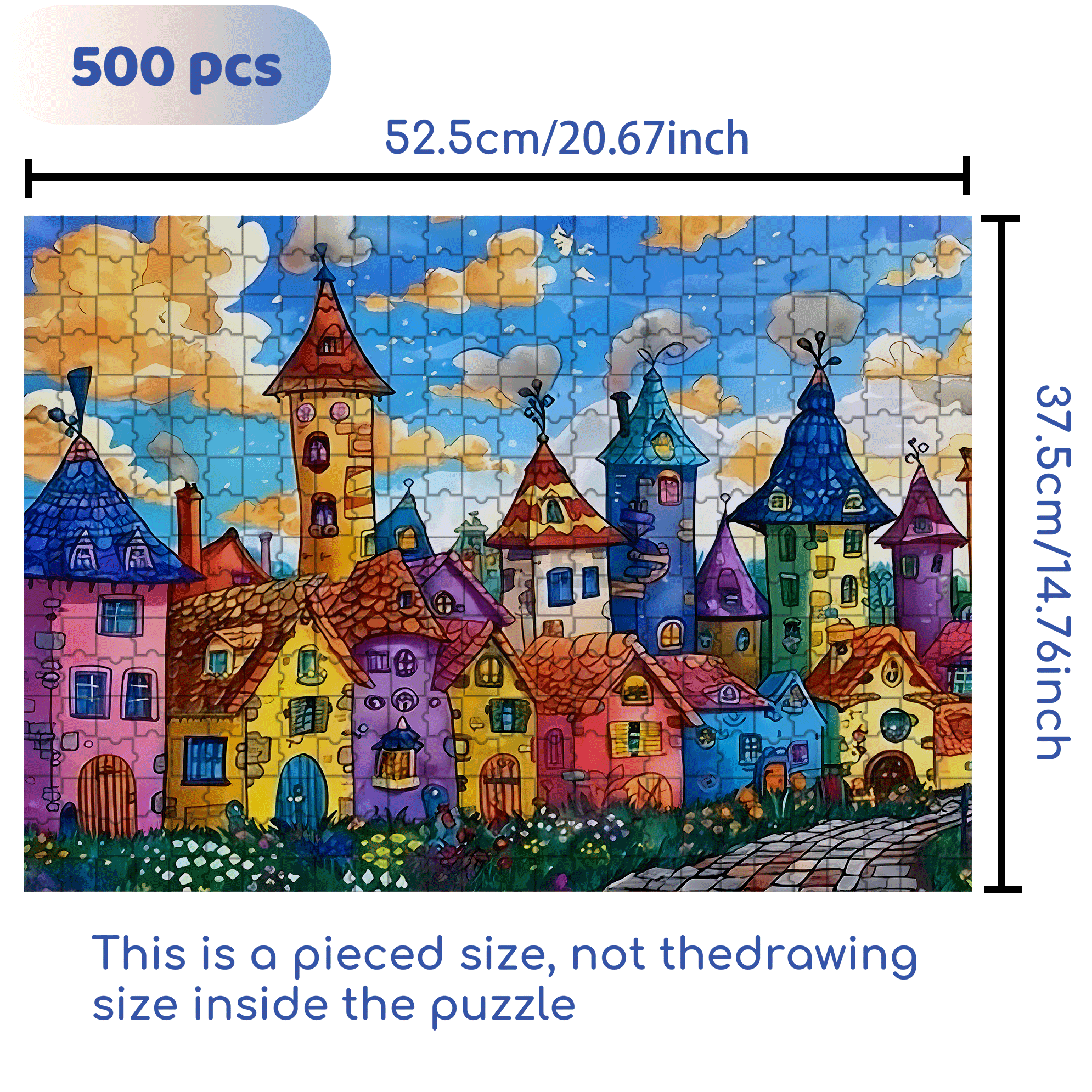 Colorful Houses & Cloudy Sky 500pcs/1000pcs Jigsaw Puzzle, Scratch-Resistant, Interactive Family Game & Brain-Boosting DIY Decor, Perfect for Halloween, Christmas & New Year Gifts, Family Puzzle Game