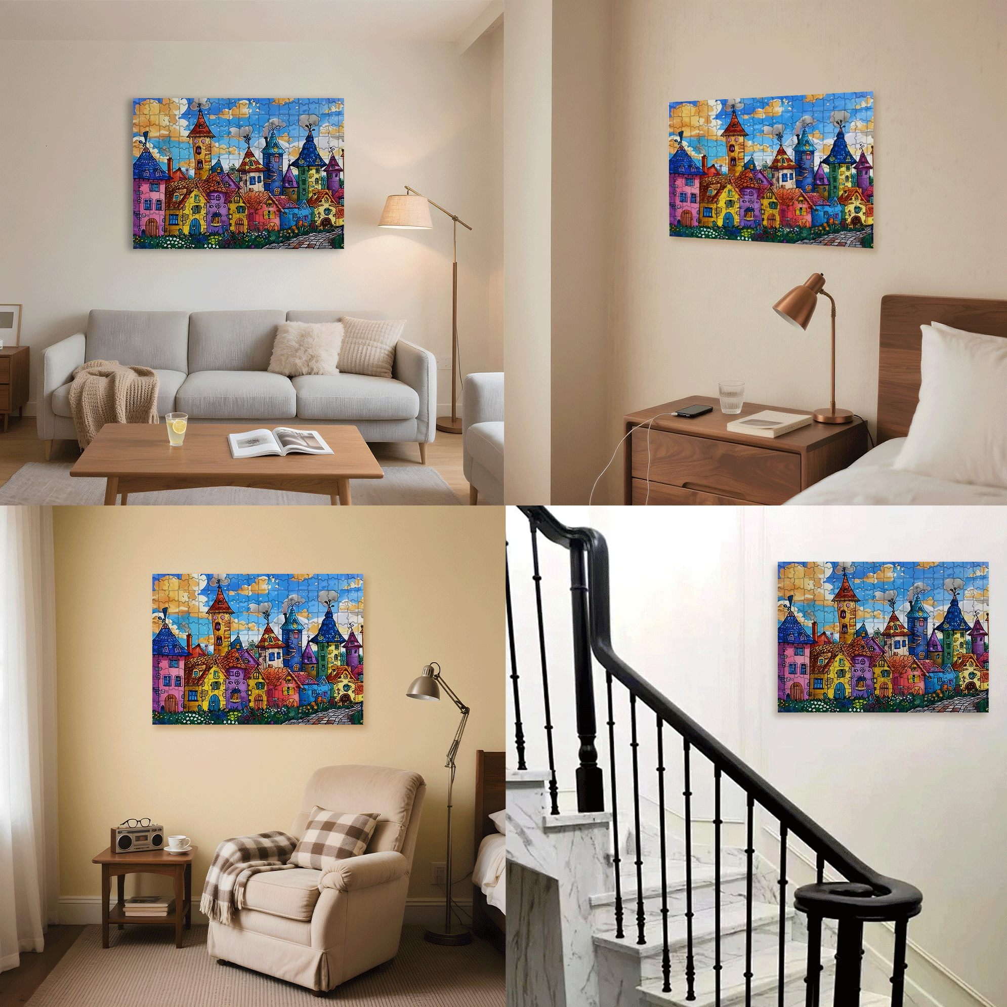 Colorful Houses & Cloudy Sky 500pcs/1000pcs Jigsaw Puzzle, Scratch-Resistant, Interactive Family Game & Brain-Boosting DIY Decor, Perfect for Halloween, Christmas & New Year Gifts, Family Puzzle Game