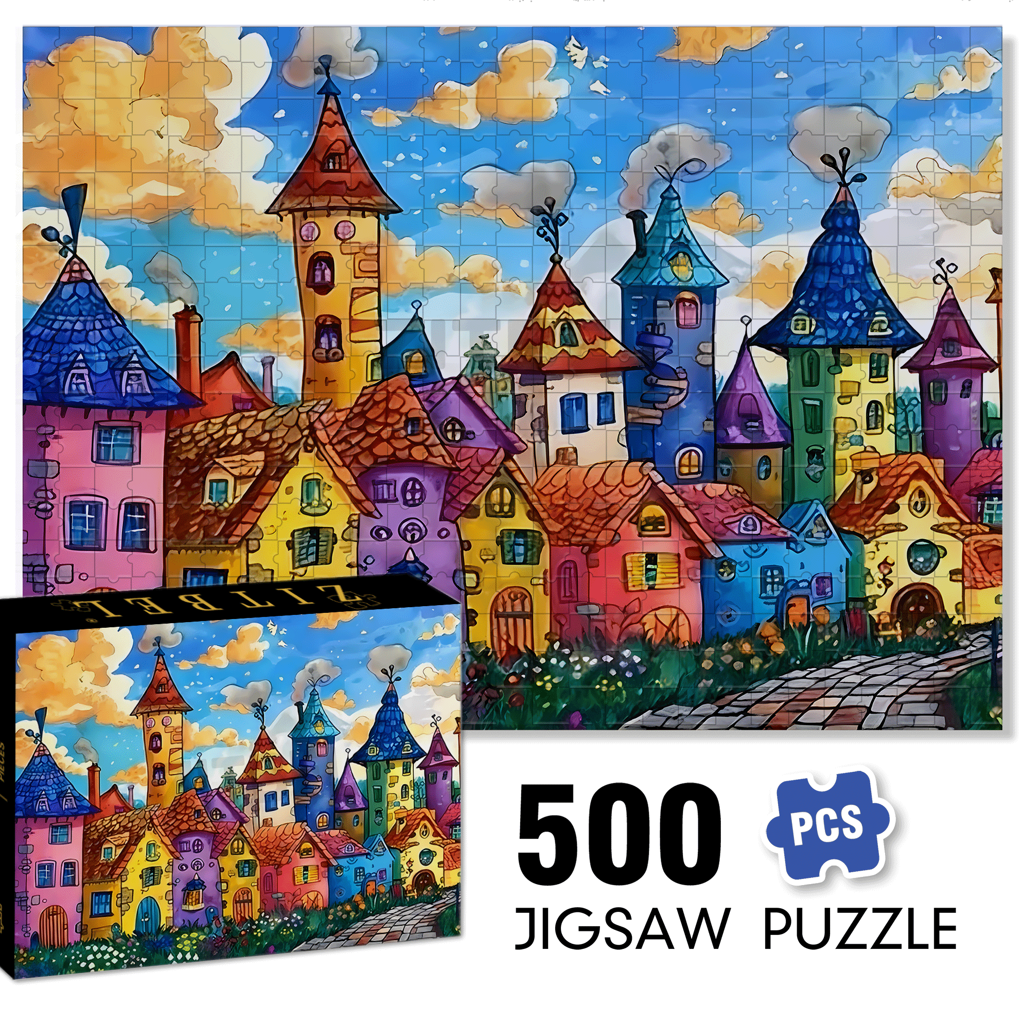 Colorful Houses & Cloudy Sky 500pcs/1000pcs Jigsaw Puzzle, Scratch-Resistant, Interactive Family Game & Brain-Boosting DIY Decor, Perfect for Halloween, Christmas & New Year Gifts, Family Puzzle Game