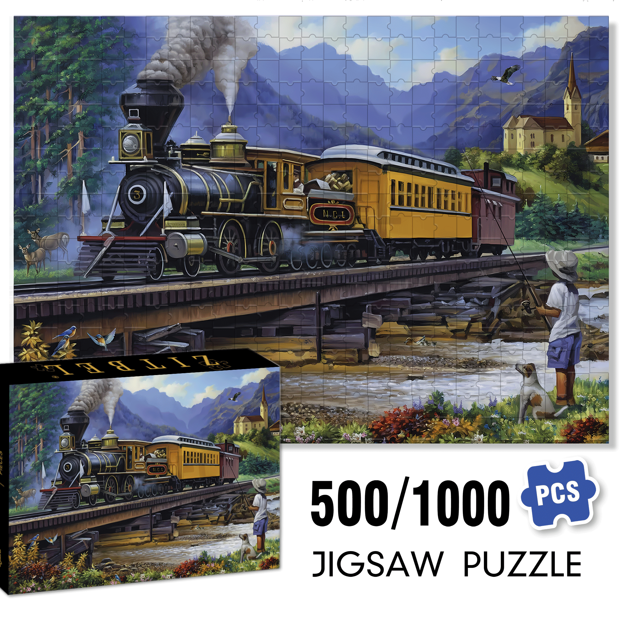 Countryside Vintage Train 500pcs/1000pcs Jigsaw Puzzle, Scratch-Resistant, Interactive Family Game & Brain-Boosting DIY Decor, Perfect for Halloween, Christmas & New Year Gifts, Family Puzzle Game