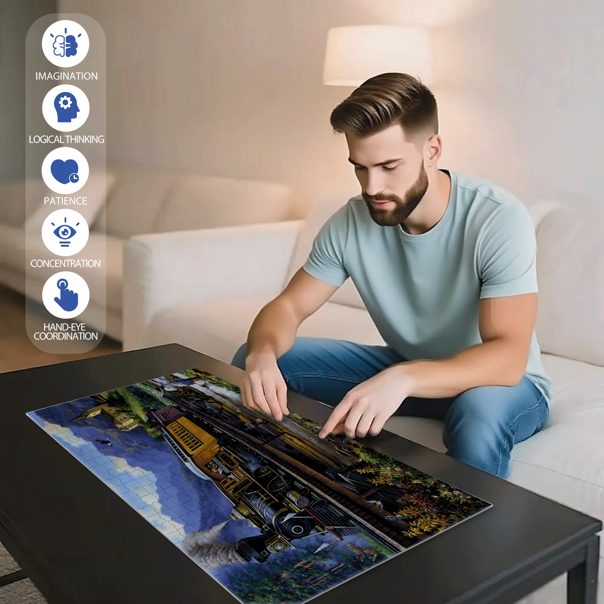 Countryside Vintage Train 500pcs/1000pcs Jigsaw Puzzle, Scratch-Resistant, Interactive Family Game & Brain-Boosting DIY Decor, Perfect for Halloween, Christmas & New Year Gifts, Family Puzzle Game
