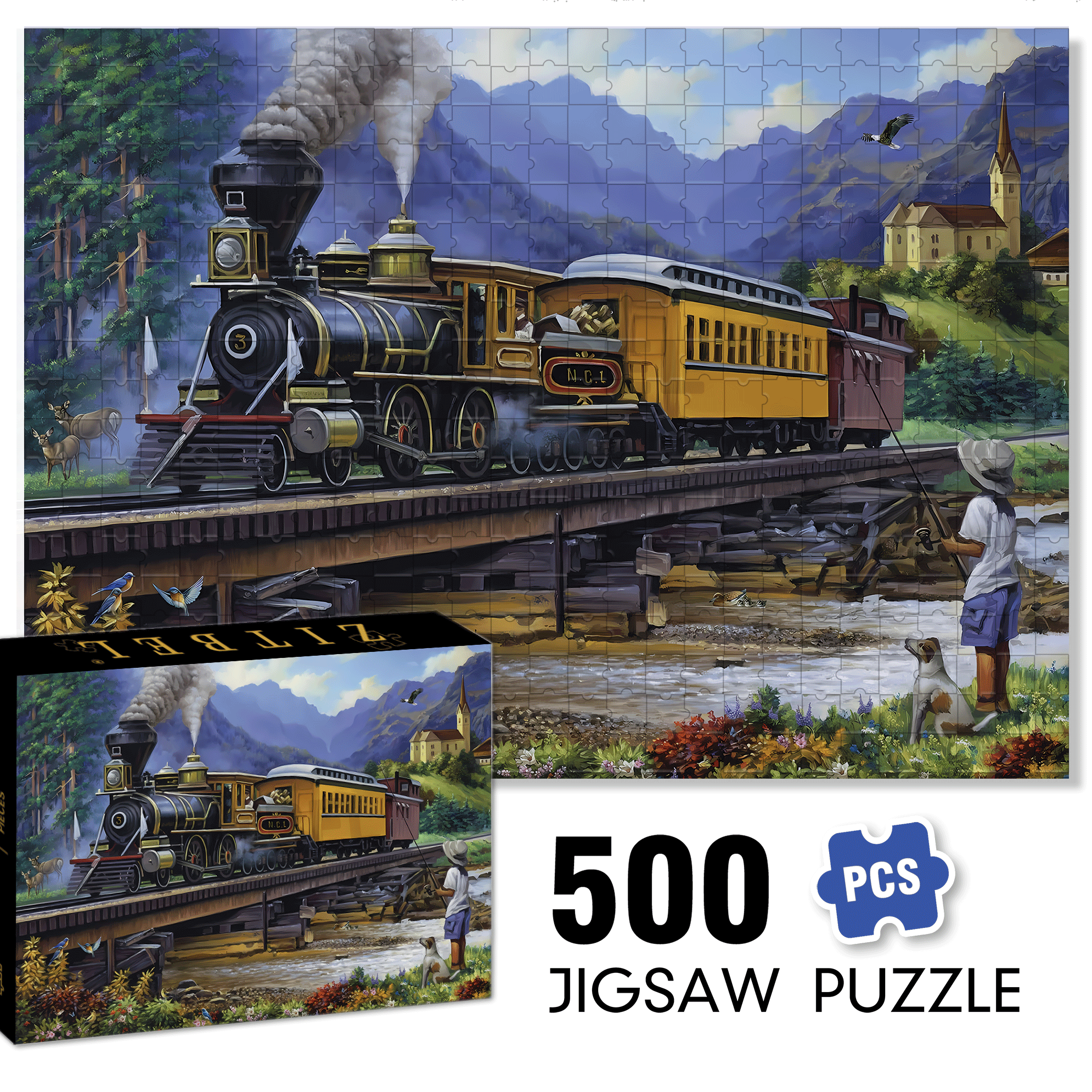 Countryside Vintage Train 500pcs/1000pcs Jigsaw Puzzle, Scratch-Resistant, Interactive Family Game & Brain-Boosting DIY Decor, Perfect for Halloween, Christmas & New Year Gifts, Family Puzzle Game