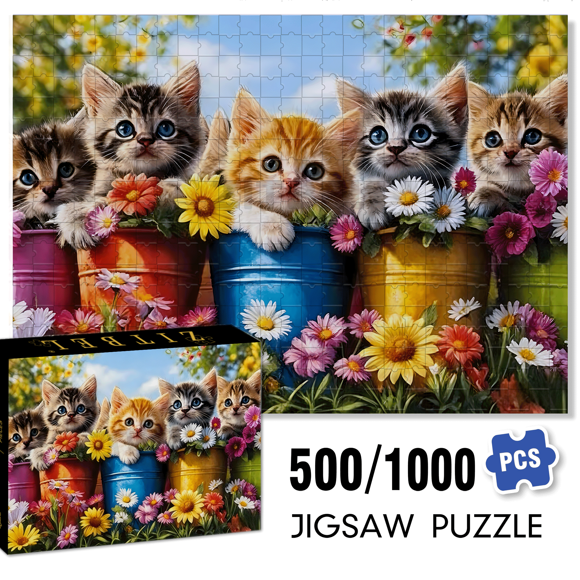 Cute Kitten & Flower Pot 500pcs/1000pcs Jigsaw Puzzle, Scratch-Resistant, Interactive Family Game & Brain-Boosting DIY Decor, Perfect for Halloween, Christmas & New Year Gifts, Family Puzzle Game