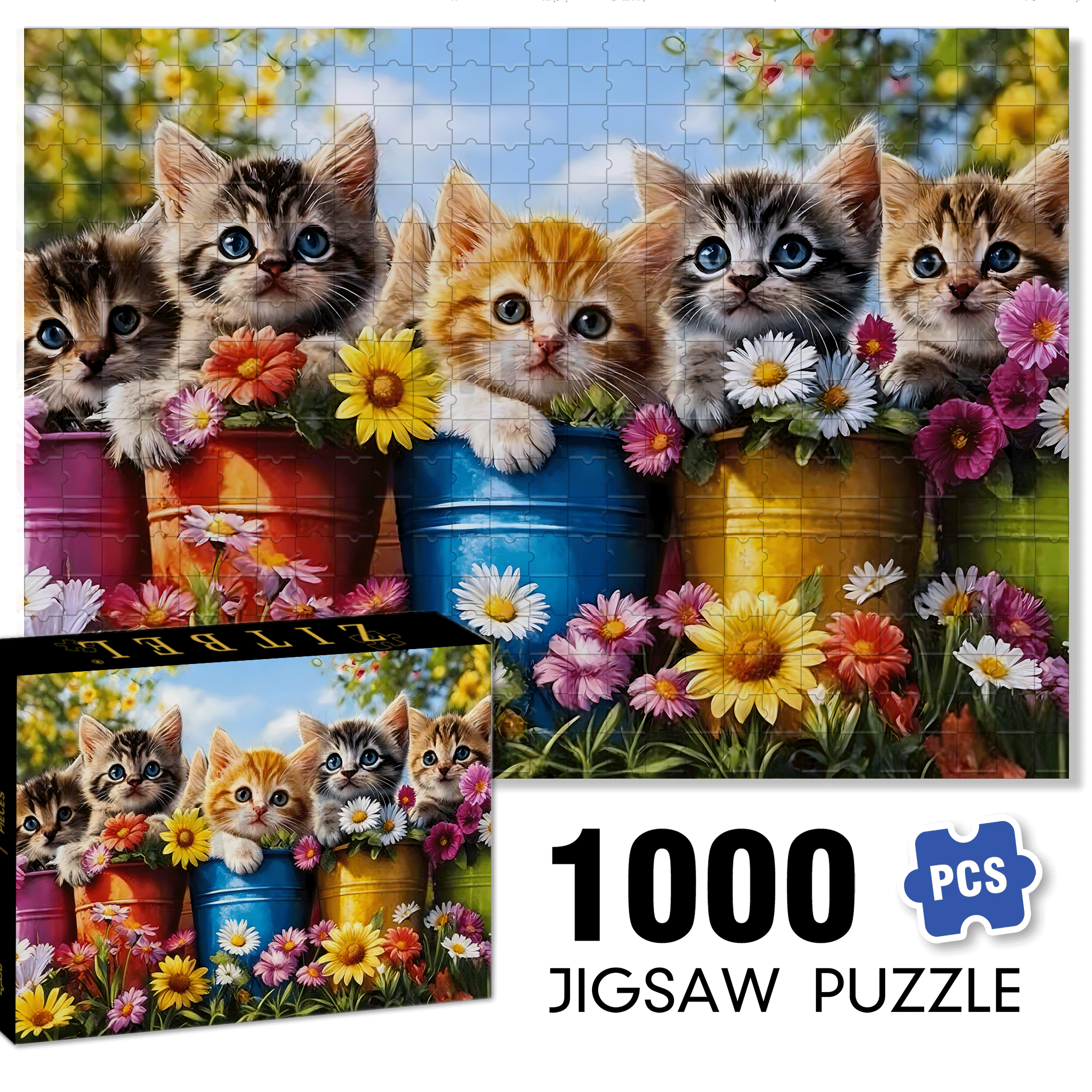 Cute Kitten & Flower Pot 500pcs/1000pcs Jigsaw Puzzle, Scratch-Resistant, Interactive Family Game & Brain-Boosting DIY Decor, Perfect for Halloween, Christmas & New Year Gifts, Family Puzzle Game