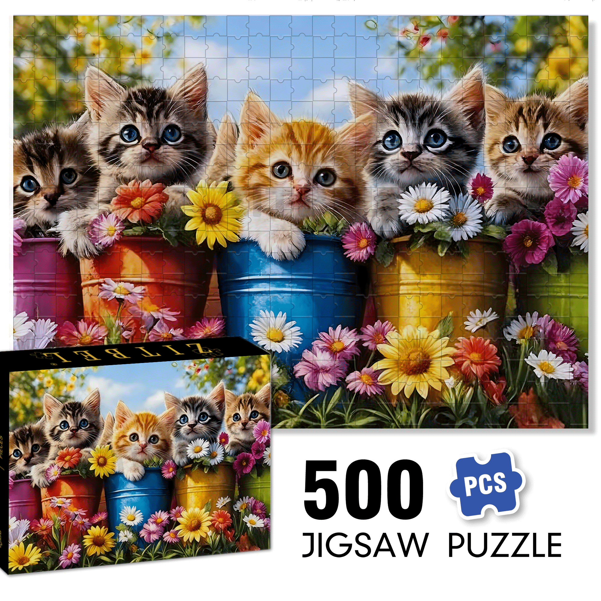 Cute Kitten & Flower Pot 500pcs/1000pcs Jigsaw Puzzle, Scratch-Resistant, Interactive Family Game & Brain-Boosting DIY Decor, Perfect for Halloween, Christmas & New Year Gifts, Family Puzzle Game