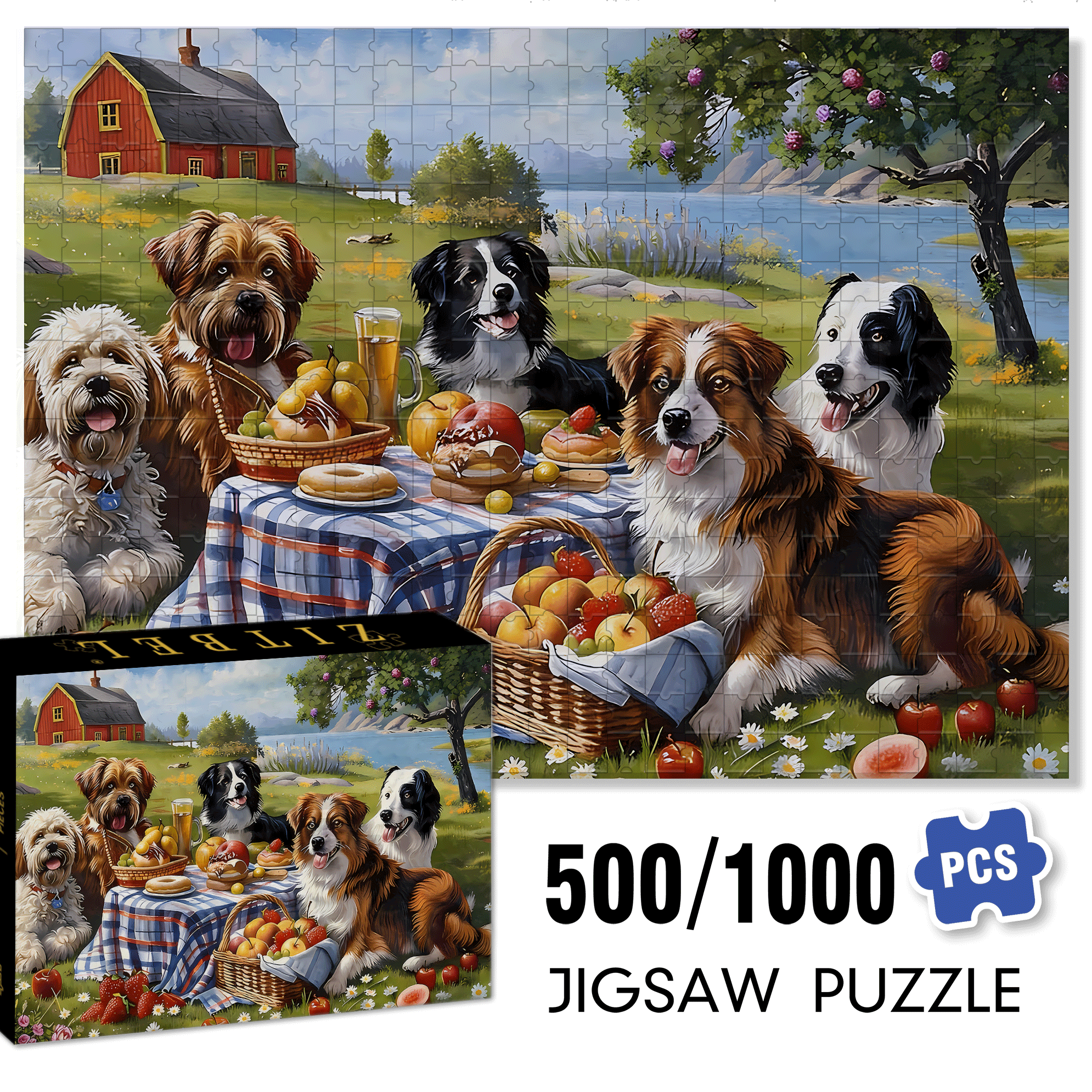 Dog's Picnic 500pcs/1000pcs Jigsaw Puzzle, Scratch-Resistant, Interactive Family Game & Brain-Boosting DIY Decor, Perfect for Halloween, Christmas & New Year Gifts, Family Puzzle Game