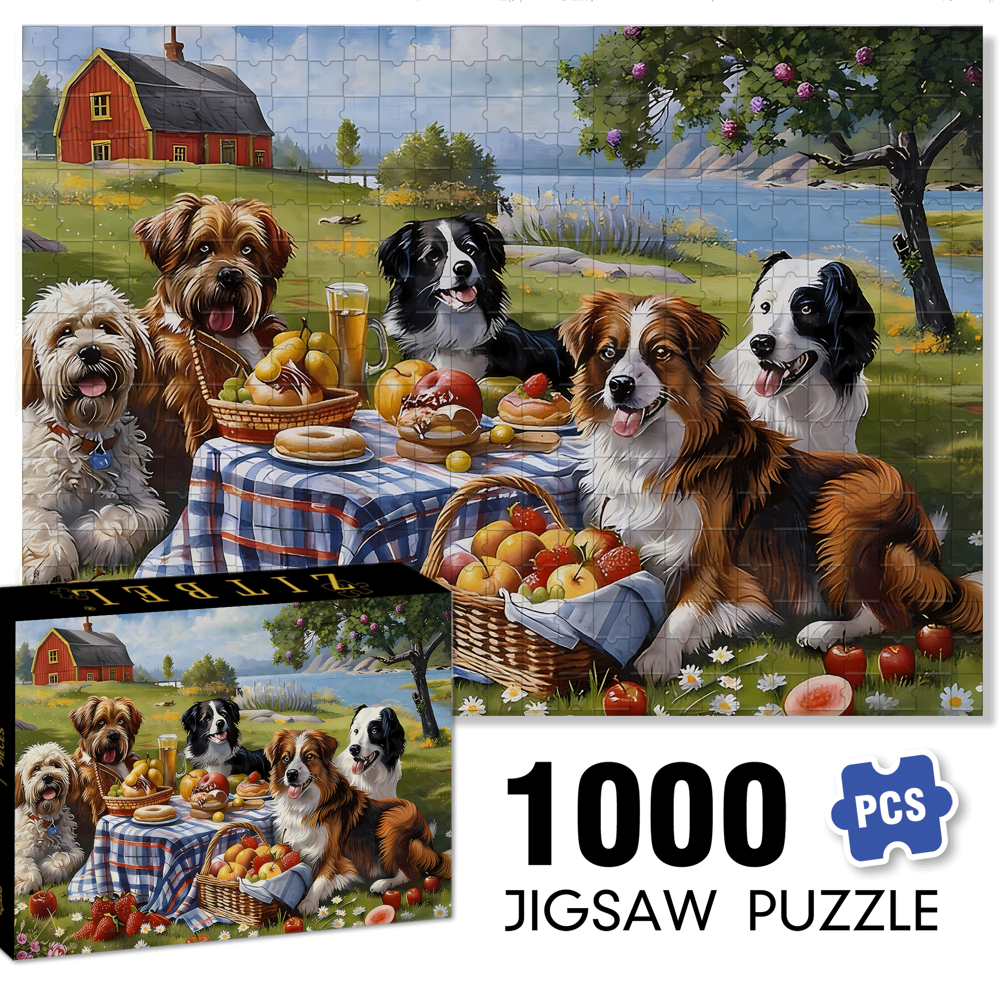 Dog's Picnic 500pcs/1000pcs Jigsaw Puzzle, Scratch-Resistant, Interactive Family Game & Brain-Boosting DIY Decor, Perfect for Halloween, Christmas & New Year Gifts, Family Puzzle Game