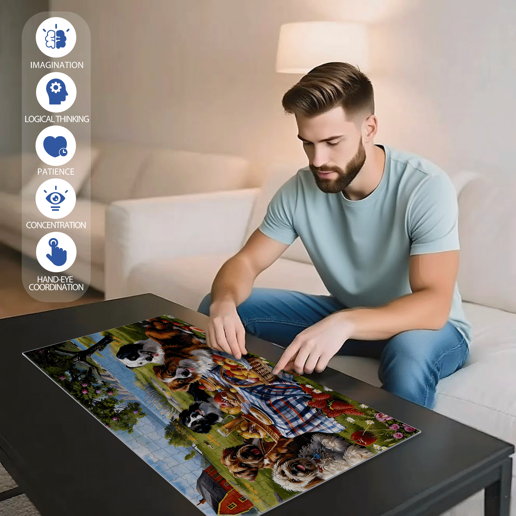 Dog's Picnic 500pcs/1000pcs Jigsaw Puzzle, Scratch-Resistant, Interactive Family Game & Brain-Boosting DIY Decor, Perfect for Halloween, Christmas & New Year Gifts, Family Puzzle Game