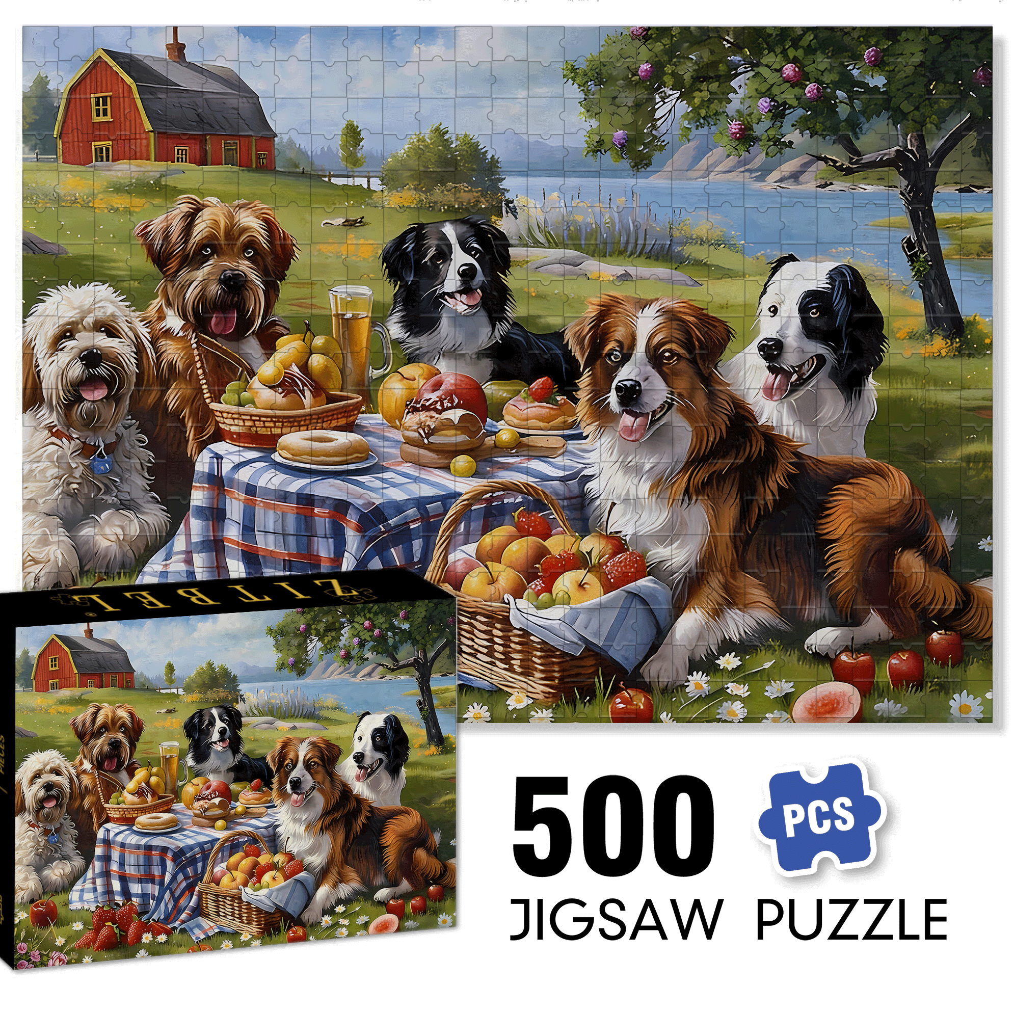 Dog's Picnic 500pcs/1000pcs Jigsaw Puzzle, Scratch-Resistant, Interactive Family Game & Brain-Boosting DIY Decor, Perfect for Halloween, Christmas & New Year Gifts, Family Puzzle Game