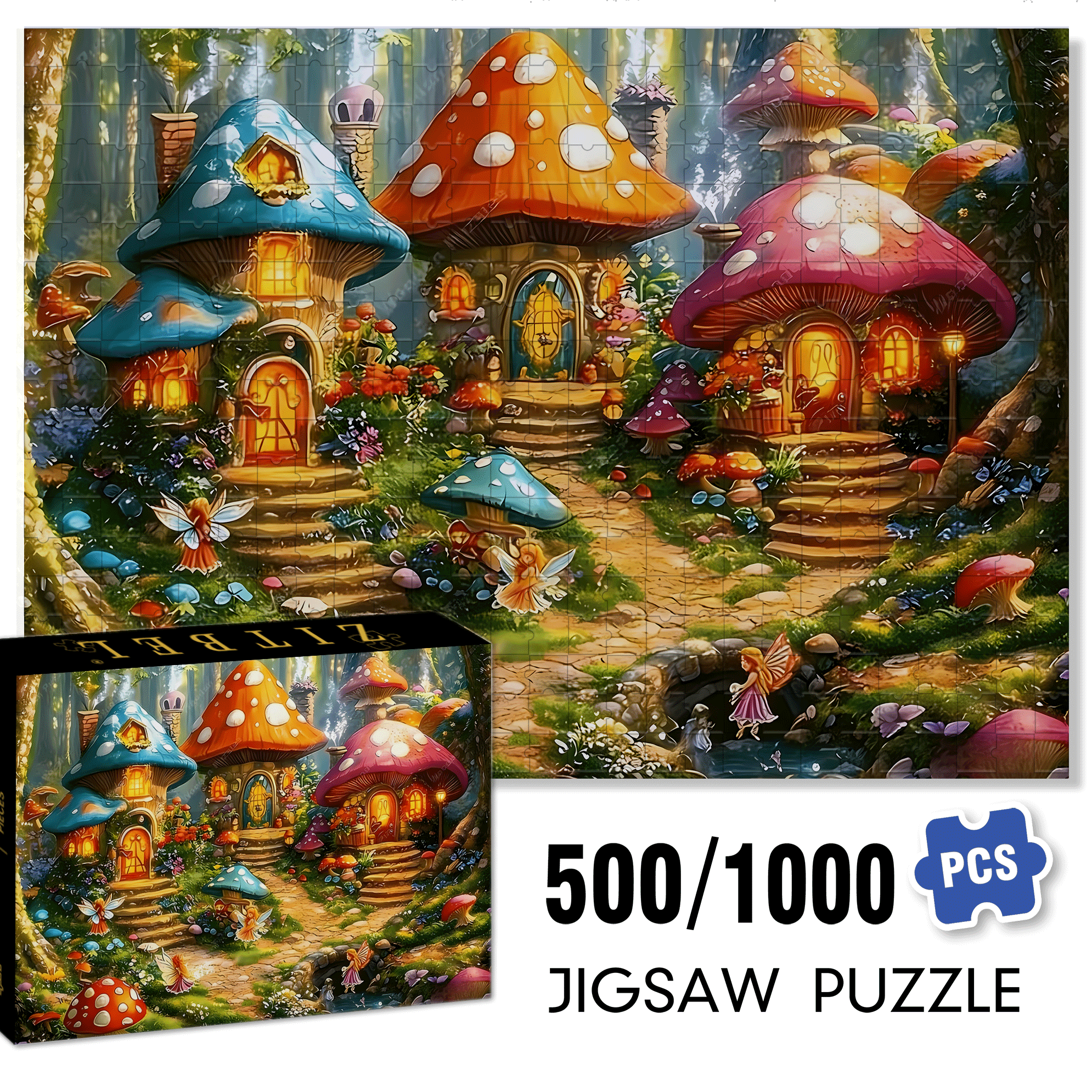 Forest Spirit Mushroom House 500pcs/1000pcs Jigsaw Puzzle, Scratch-Resistant, Interactive Family Game & Brain-Boosting DIY Decor, Perfect for Halloween, Christmas & New Year Gifts, Family Puzzle Game