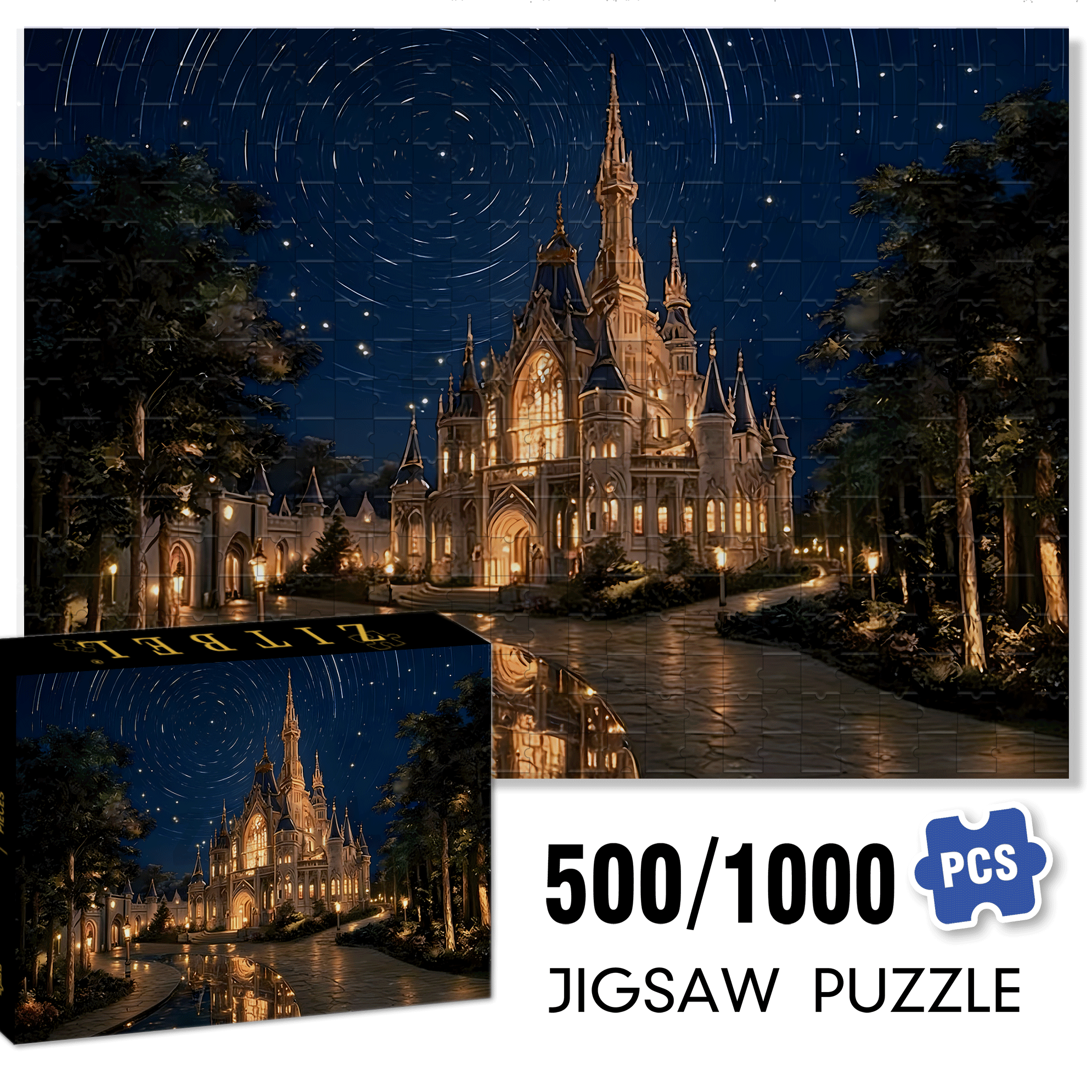 Starry Night Castle 500pcs/1000pcs Jigsaw Puzzle, Scratch-Resistant, Interactive Family Game & Brain-Boosting DIY Decor, Perfect for Halloween, Christmas & New Year Gifts, Family Puzzle Game