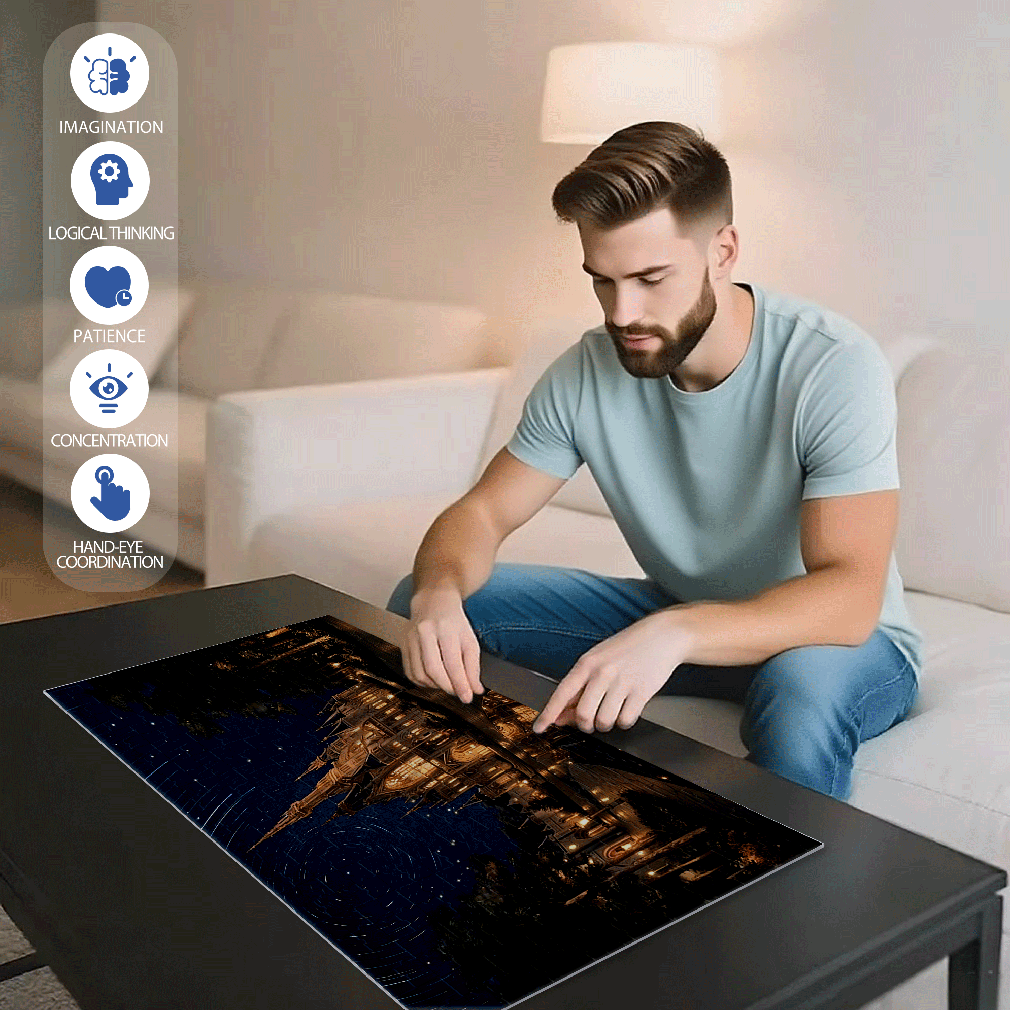 Starry Night Castle 500pcs/1000pcs Jigsaw Puzzle, Scratch-Resistant, Interactive Family Game & Brain-Boosting DIY Decor, Perfect for Halloween, Christmas & New Year Gifts, Family Puzzle Game