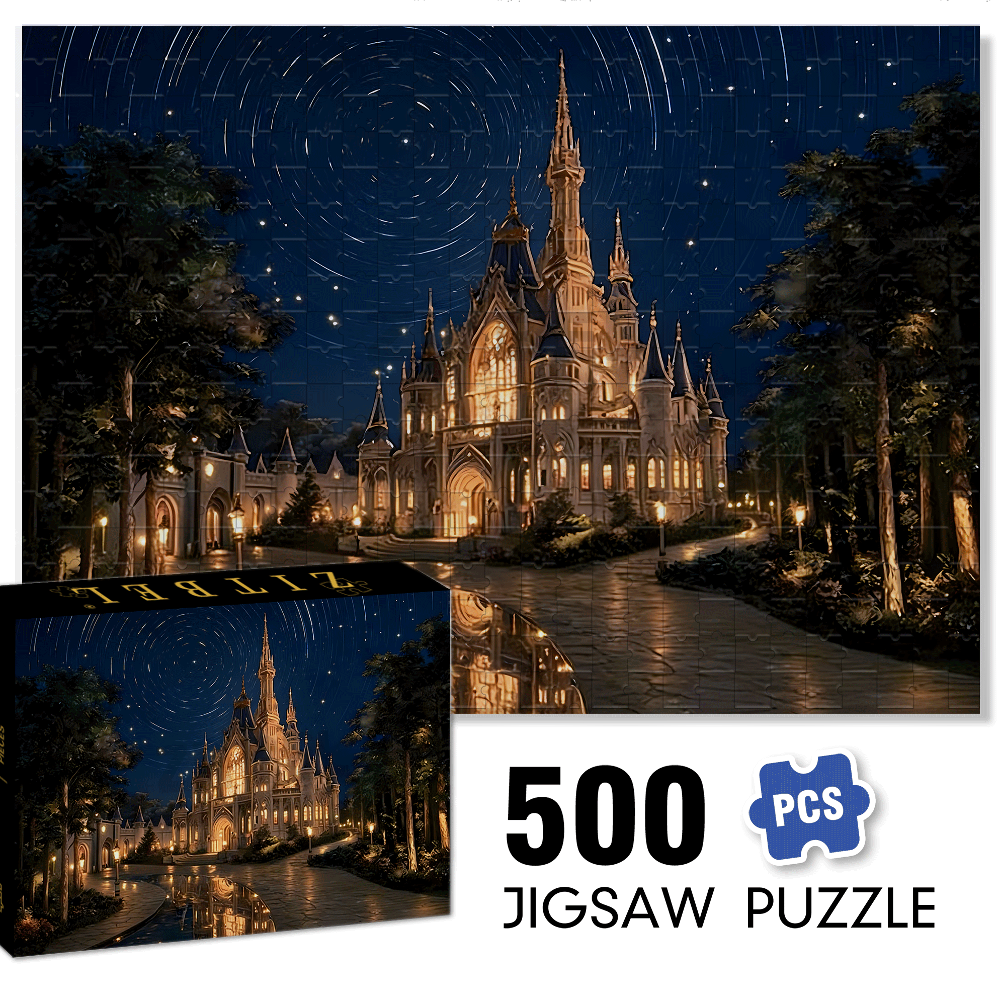 Starry Night Castle 500pcs/1000pcs Jigsaw Puzzle, Scratch-Resistant, Interactive Family Game & Brain-Boosting DIY Decor, Perfect for Halloween, Christmas & New Year Gifts, Family Puzzle Game