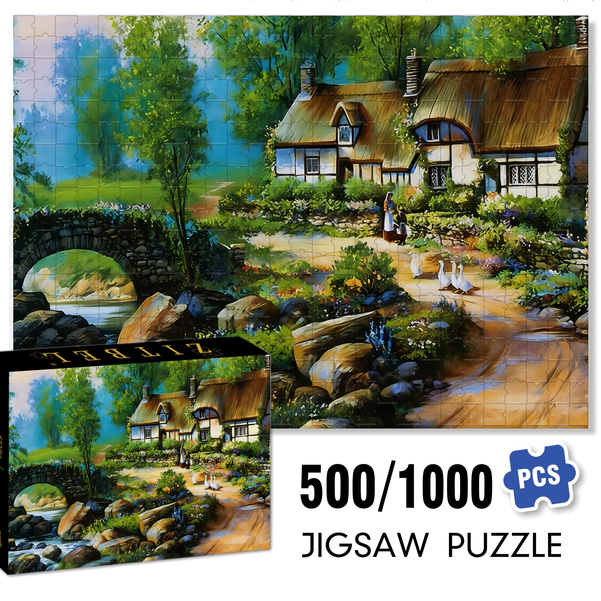 Stone Bridge & Floral Garden 500pcs/1000pcs Jigsaw Puzzle, Scratch-Resistant, Interactive Family Game & Brain-Boosting DIY Decor, Perfect for Halloween, Christmas & New Year Gifts, Family Puzzle Game