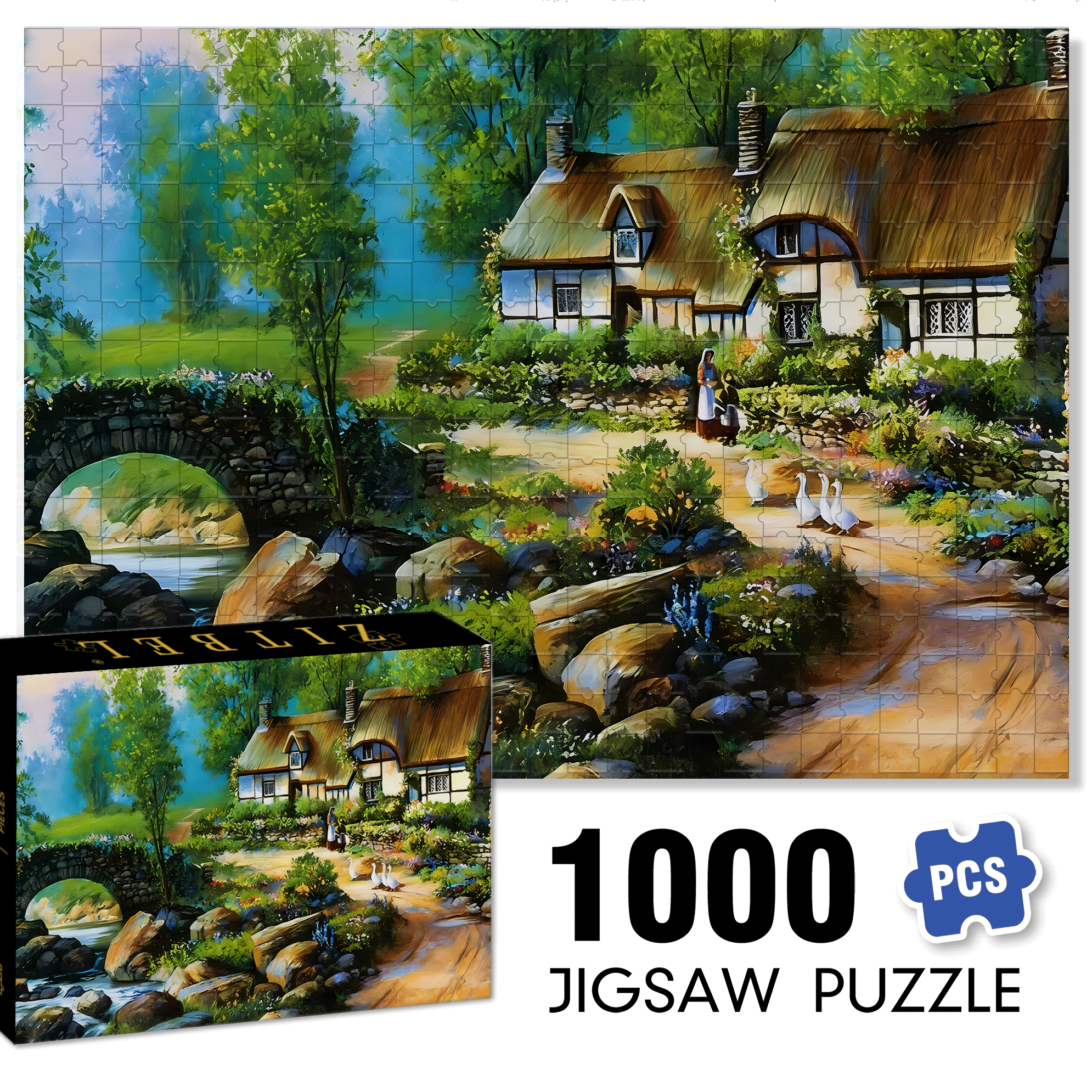 Stone Bridge & Floral Garden 500pcs/1000pcs Jigsaw Puzzle, Scratch-Resistant, Interactive Family Game & Brain-Boosting DIY Decor, Perfect for Halloween, Christmas & New Year Gifts, Family Puzzle Game
