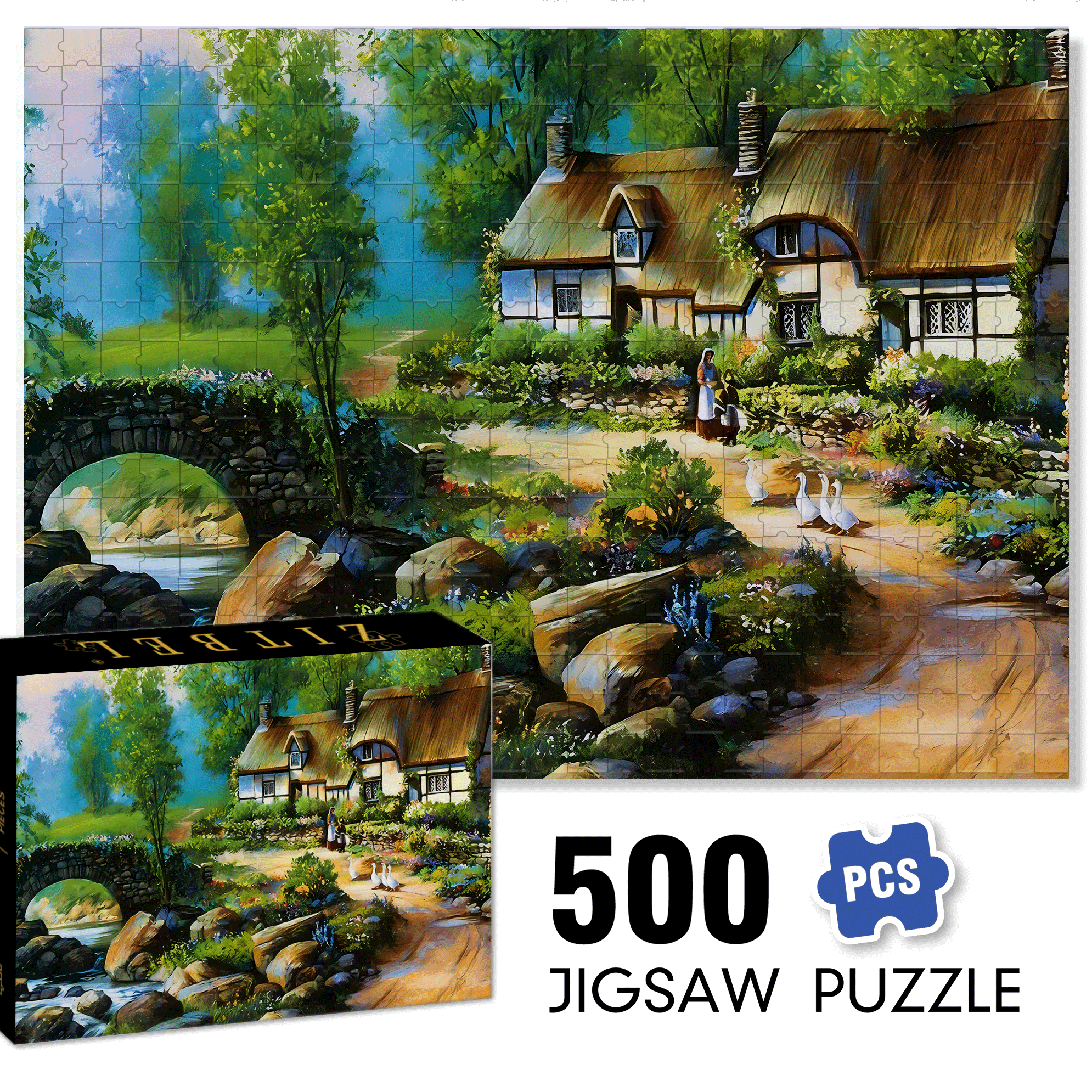 Stone Bridge & Floral Garden 500pcs/1000pcs Jigsaw Puzzle, Scratch-Resistant, Interactive Family Game & Brain-Boosting DIY Decor, Perfect for Halloween, Christmas & New Year Gifts, Family Puzzle Game
