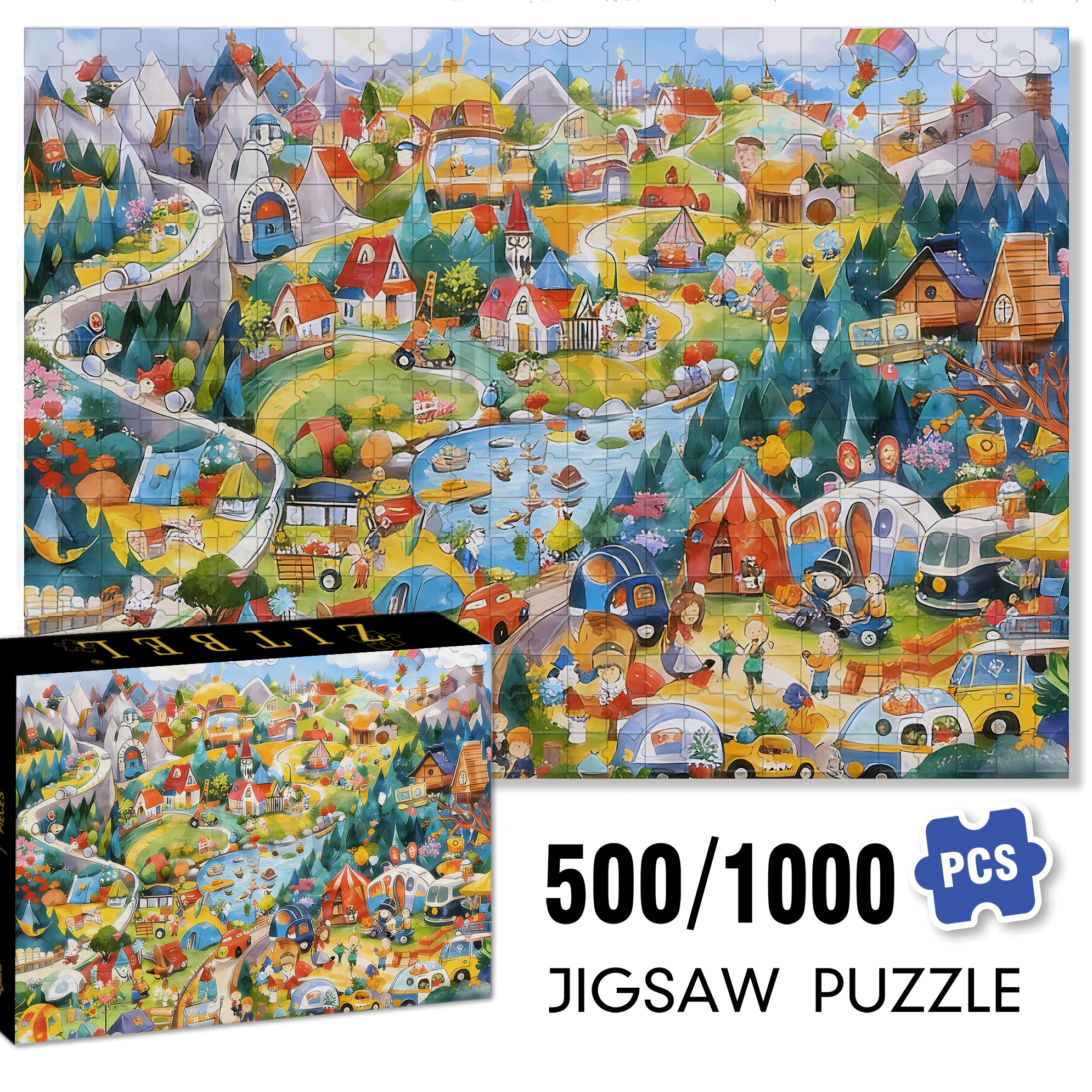 Sunny Mountain Valley Town 500pcs/1000pcs Jigsaw Puzzle, Scratch-Resistant, Interactive Family Game & Brain-Boosting DIY Decor, Perfect for Halloween, Christmas & New Year Gifts, Family Puzzle Game