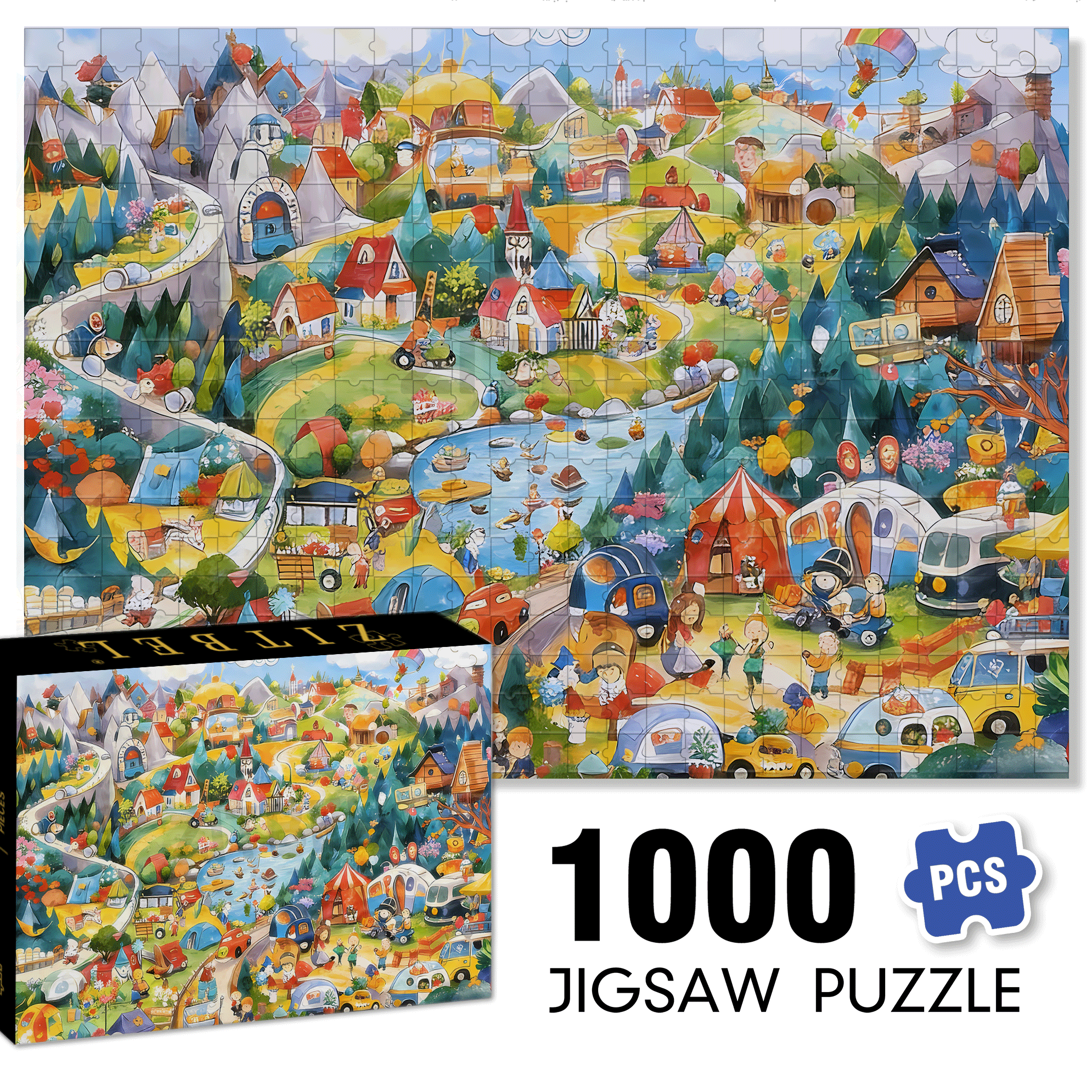 Sunny Mountain Valley Town 500pcs/1000pcs Jigsaw Puzzle, Scratch-Resistant, Interactive Family Game & Brain-Boosting DIY Decor, Perfect for Halloween, Christmas & New Year Gifts, Family Puzzle Game