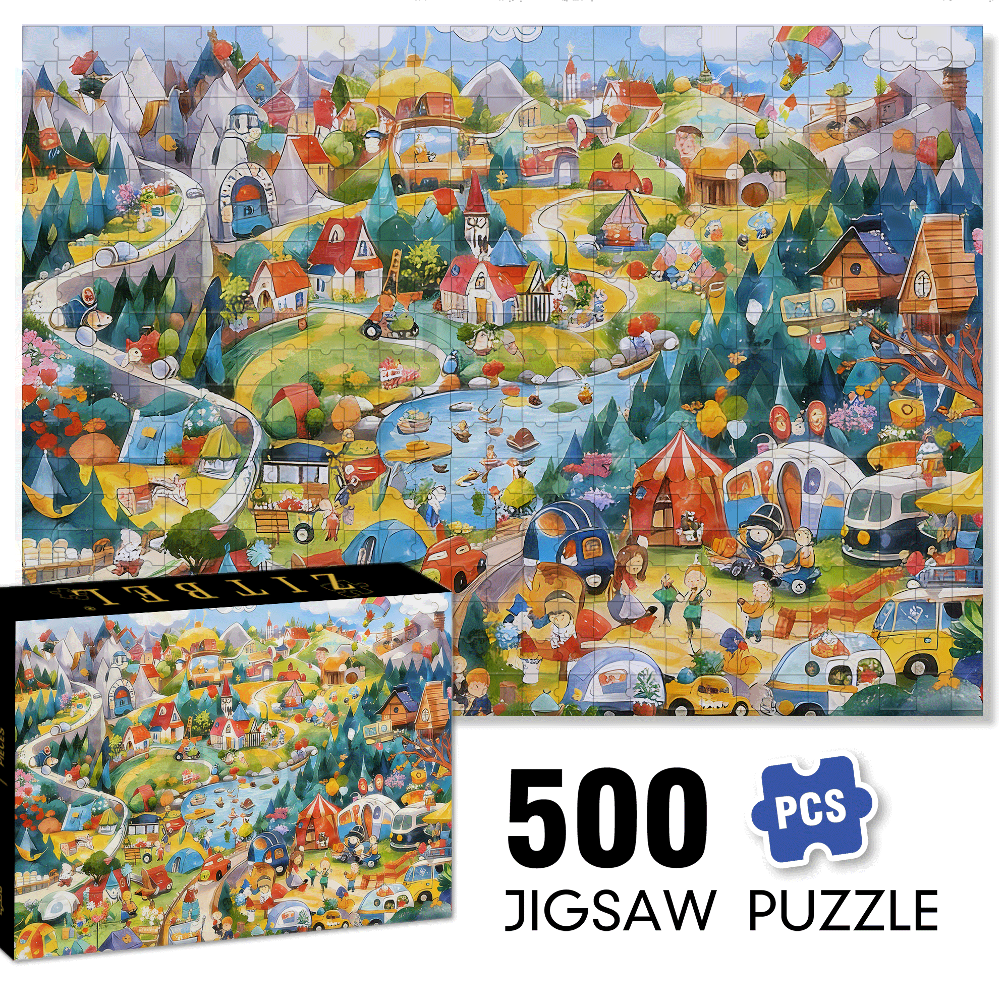Sunny Mountain Valley Town 500pcs/1000pcs Jigsaw Puzzle, Scratch-Resistant, Interactive Family Game & Brain-Boosting DIY Decor, Perfect for Halloween, Christmas & New Year Gifts, Family Puzzle Game
