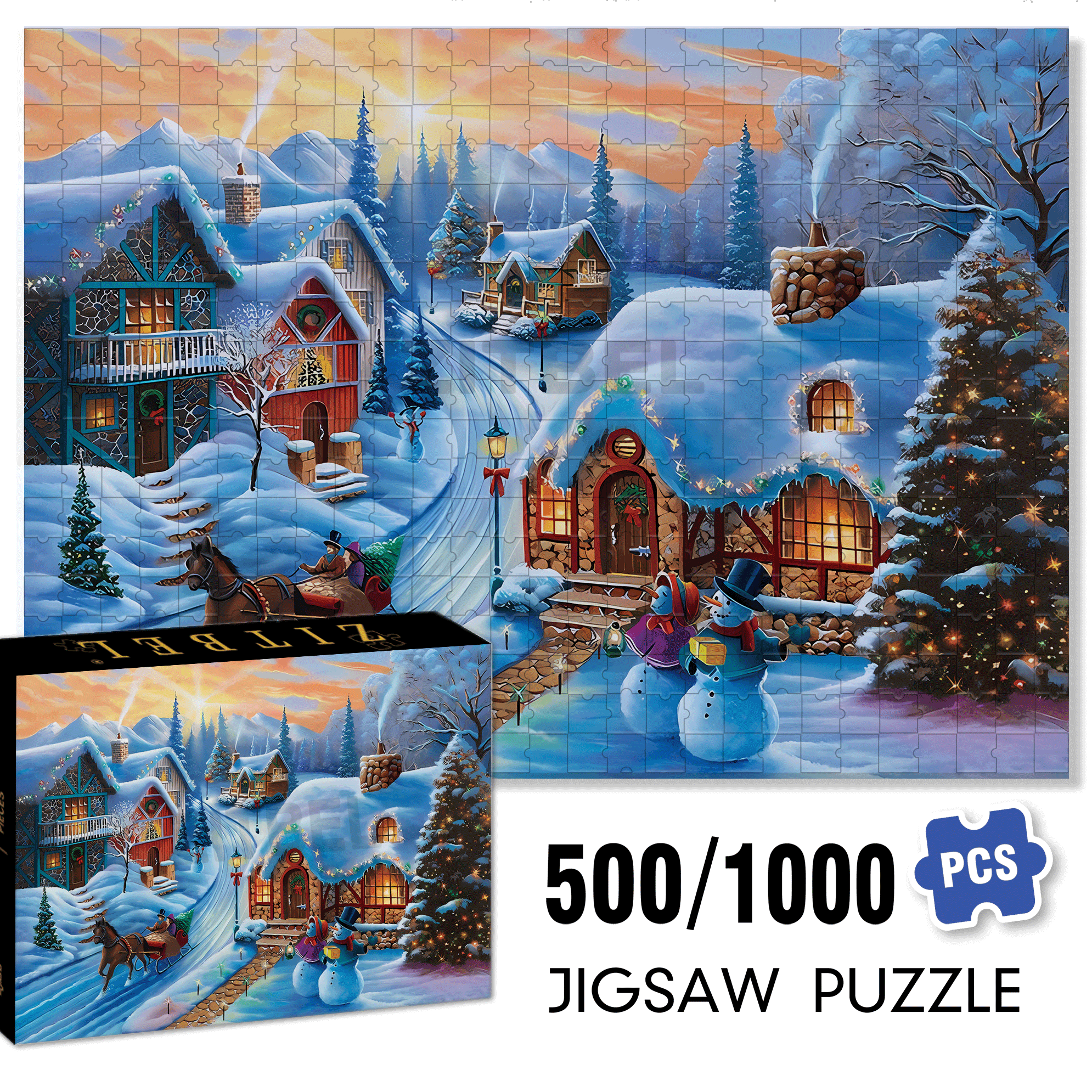 Sunset Christmas Village 500pcs/1000pcs Jigsaw Puzzle, Scratch-Resistant, Interactive Family Game & Brain-Boosting DIY Decor, Perfect for Halloween, Christmas & New Year Gifts, Family Puzzle Game