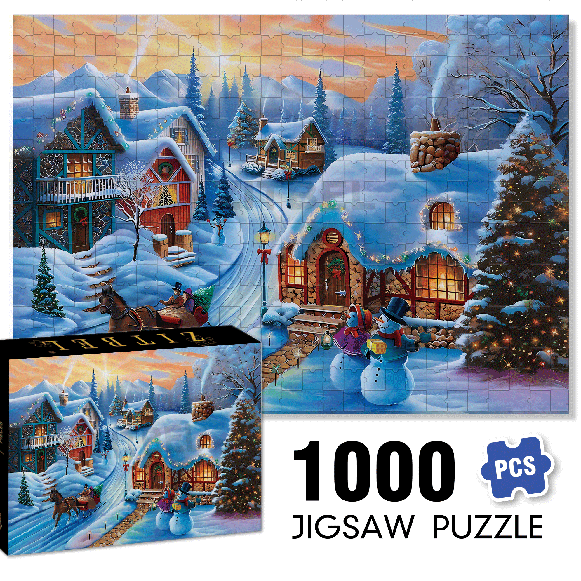 Sunset Christmas Village 500pcs/1000pcs Jigsaw Puzzle, Scratch-Resistant, Interactive Family Game & Brain-Boosting DIY Decor, Perfect for Halloween, Christmas & New Year Gifts, Family Puzzle Game
