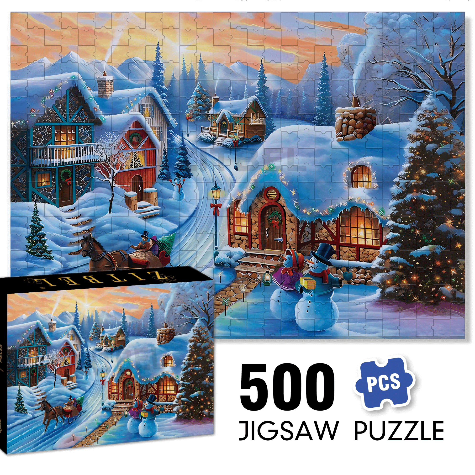 Sunset Christmas Village 500pcs/1000pcs Jigsaw Puzzle, Scratch-Resistant, Interactive Family Game & Brain-Boosting DIY Decor, Perfect for Halloween, Christmas & New Year Gifts, Family Puzzle Game