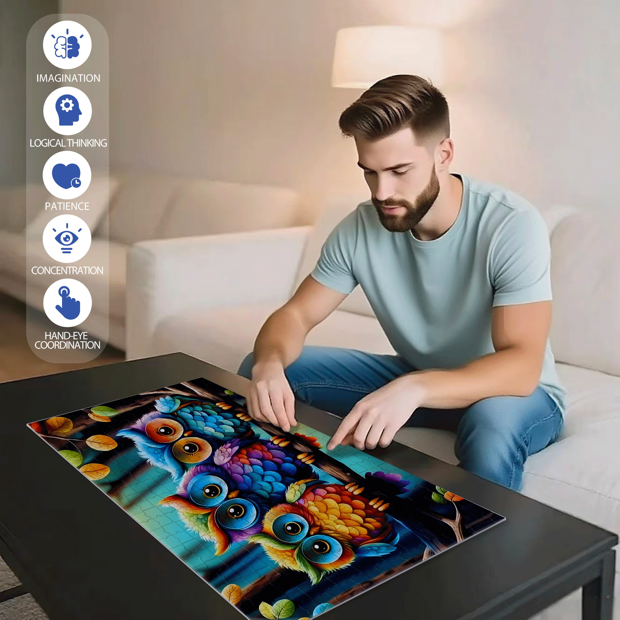 Three Brothers Owl 500pcs/1000pcs Jigsaw Puzzle, Scratch-Resistant, Interactive Family Game & Brain-Boosting DIY Decor, Perfect for Halloween, Christmas & New Year Gifts, Family Puzzle Game