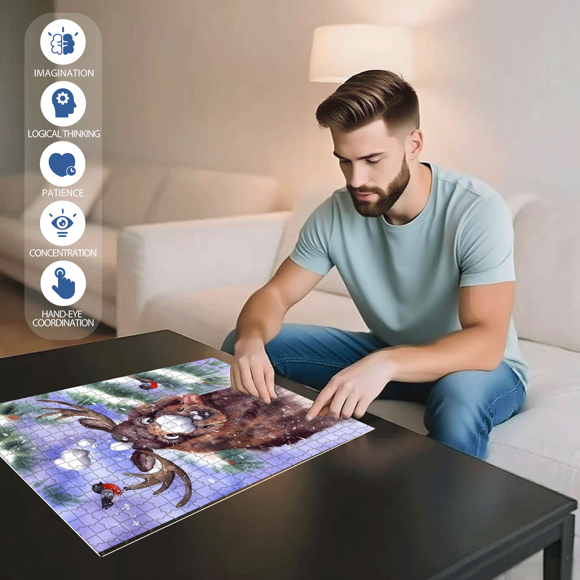 Mischievous Reindeer 500pcs/1000pcs Jigsaw Puzzle, Scratch-Resistant, Interactive Family Game & Brain-Boosting DIY Decor, Perfect for Halloween, Christmas & New Year Gifts, Family Puzzle Game
