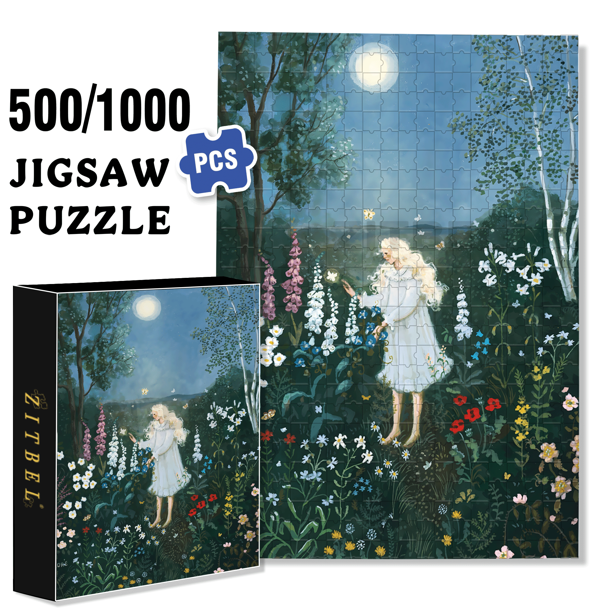 Moon Garden 500pcs/1000pcs Jigsaw Puzzle, Scratch-Resistant, Interactive Family Game & Brain-Boosting DIY Decor, Perfect for Halloween, Christmas & New Year Gifts, Family Puzzle Game