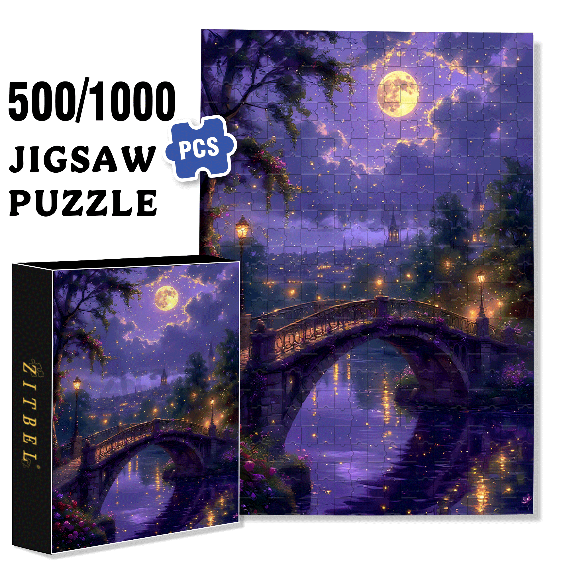 Moonlit Bridge and Fireflies 500pcs/1000pcs Jigsaw Puzzle, Scratch-Resistant, Interactive Family Game & Brain-Boosting DIY Decor, Perfect for Halloween, Christmas & New Year Gifts, Family Puzzle Game