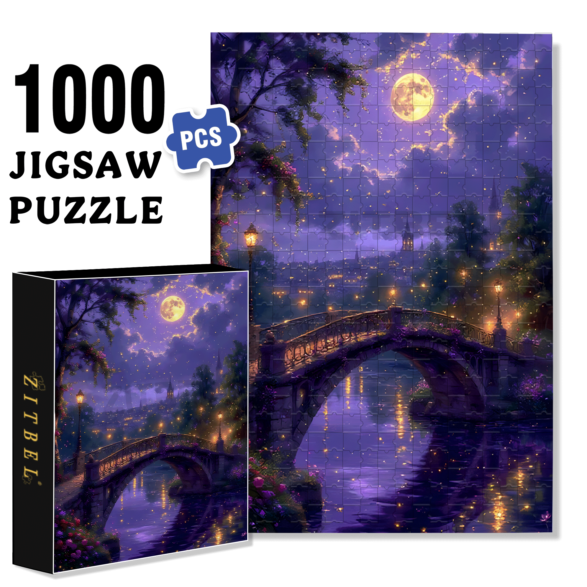Moonlit Bridge and Fireflies 500pcs/1000pcs Jigsaw Puzzle, Scratch-Resistant, Interactive Family Game & Brain-Boosting DIY Decor, Perfect for Halloween, Christmas & New Year Gifts, Family Puzzle Game
