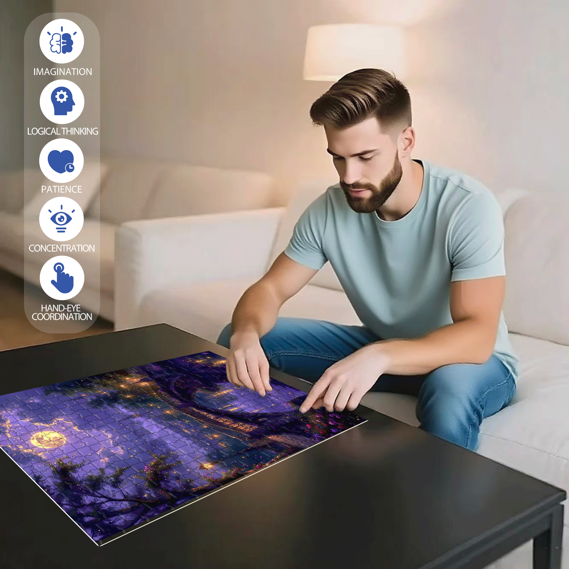 Moonlit Bridge and Fireflies 500pcs/1000pcs Jigsaw Puzzle, Scratch-Resistant, Interactive Family Game & Brain-Boosting DIY Decor, Perfect for Halloween, Christmas & New Year Gifts, Family Puzzle Game