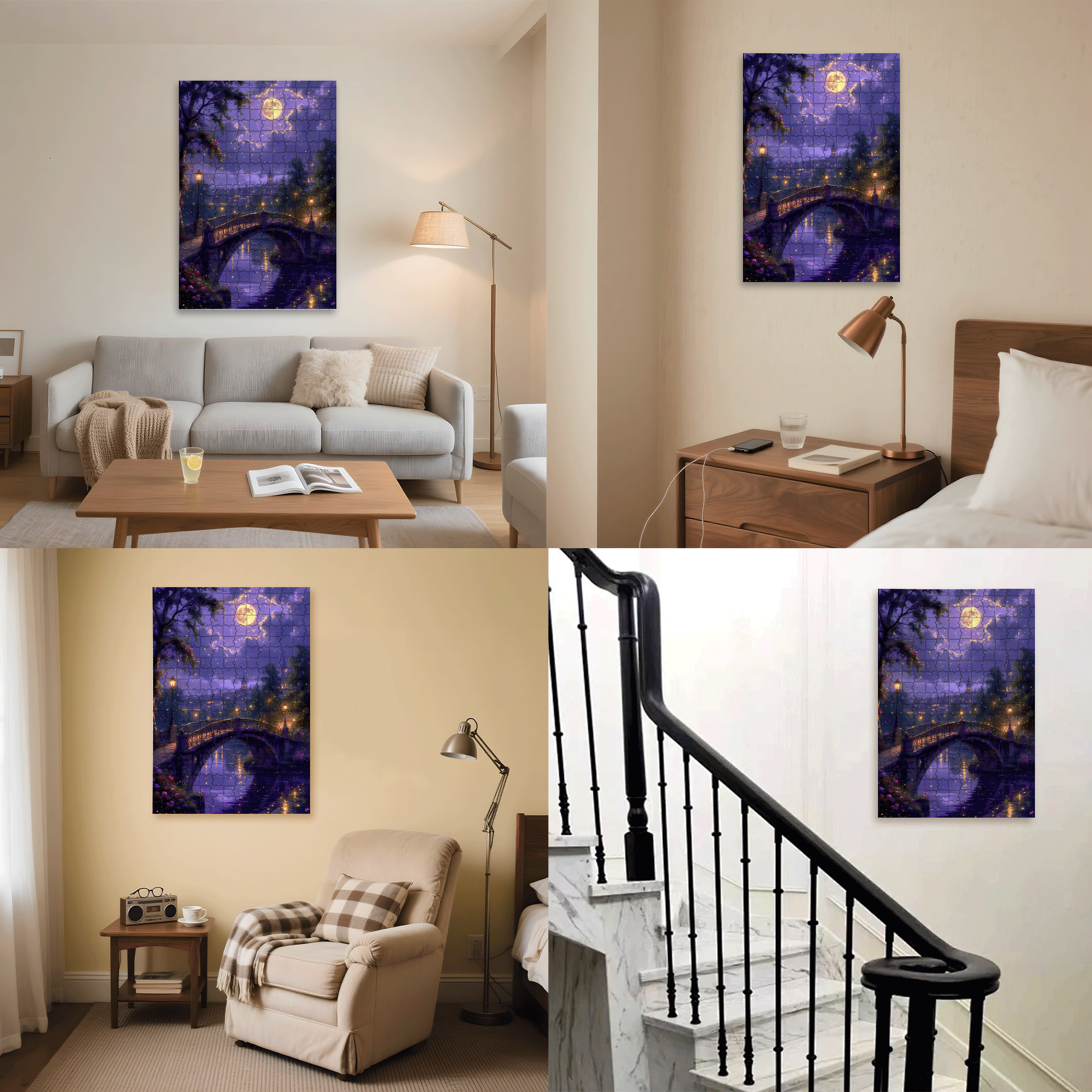Moonlit Bridge and Fireflies 500pcs/1000pcs Jigsaw Puzzle, Scratch-Resistant, Interactive Family Game & Brain-Boosting DIY Decor, Perfect for Halloween, Christmas & New Year Gifts, Family Puzzle Game