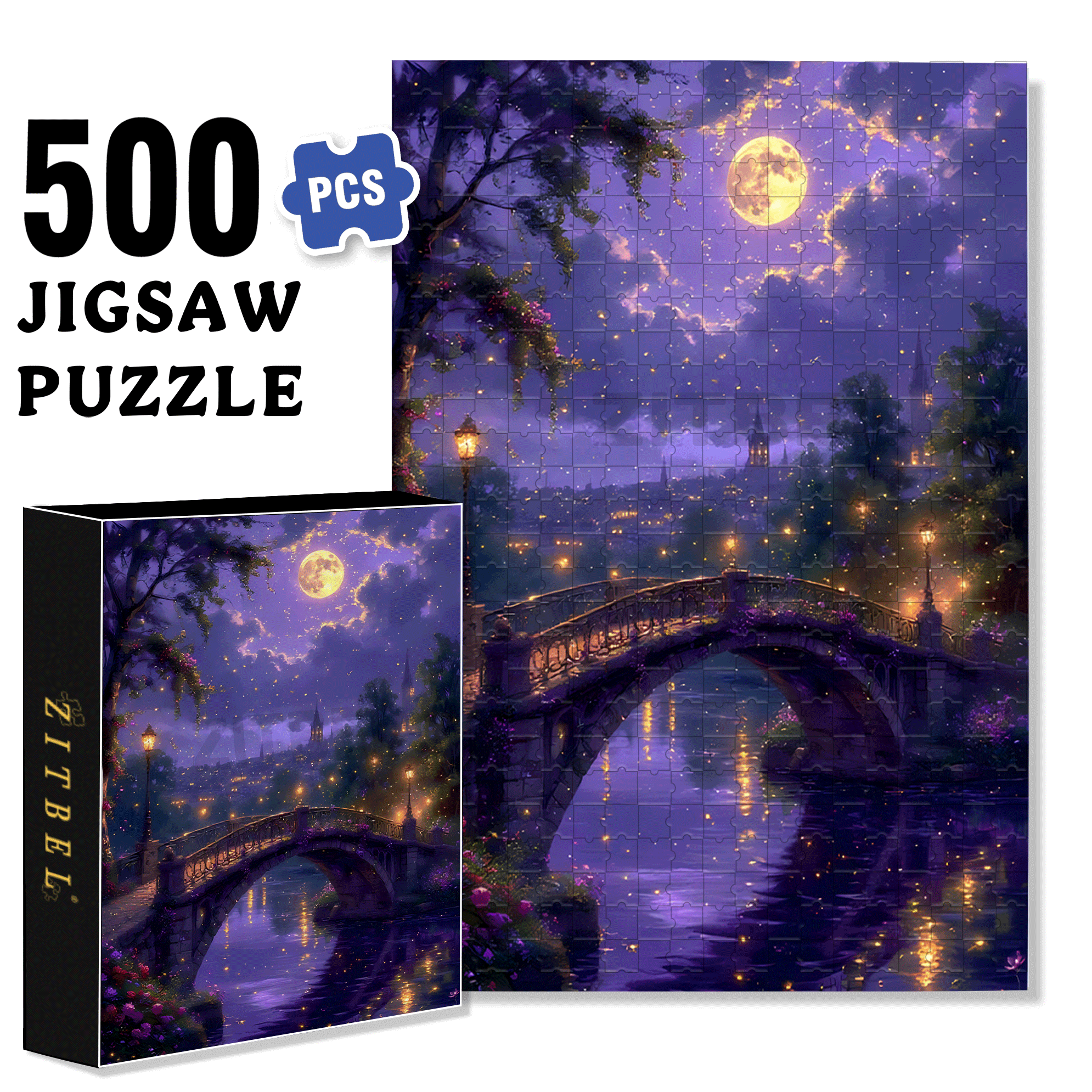 Moonlit Bridge and Fireflies 500pcs/1000pcs Jigsaw Puzzle, Scratch-Resistant, Interactive Family Game & Brain-Boosting DIY Decor, Perfect for Halloween, Christmas & New Year Gifts, Family Puzzle Game