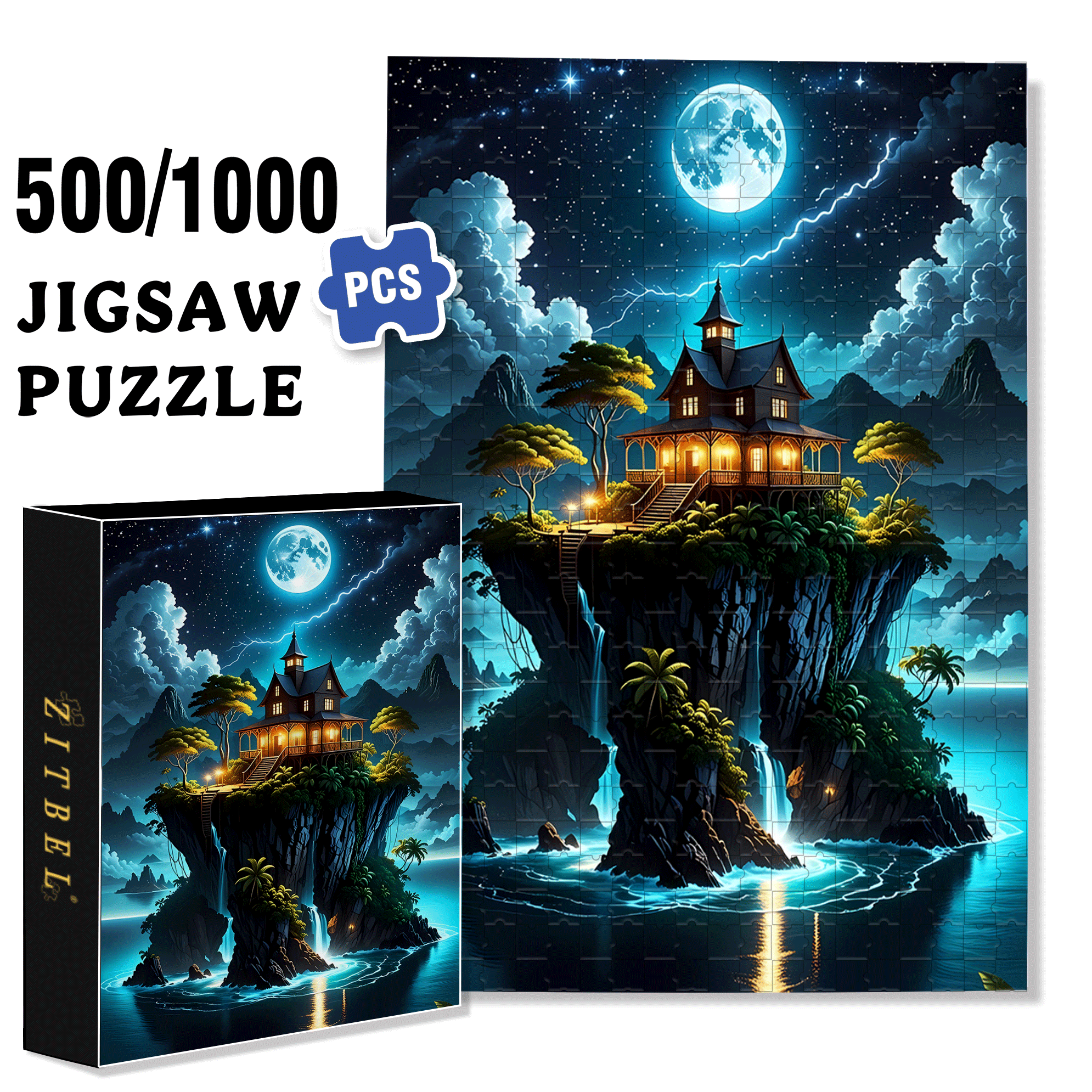 Moonlit Island 500pcs/1000pcs Jigsaw Puzzle, Scratch-Resistant, Interactive Family Game & Brain-Boosting DIY Decor, Perfect for Halloween, Christmas & New Year Gifts, Family Puzzle Game