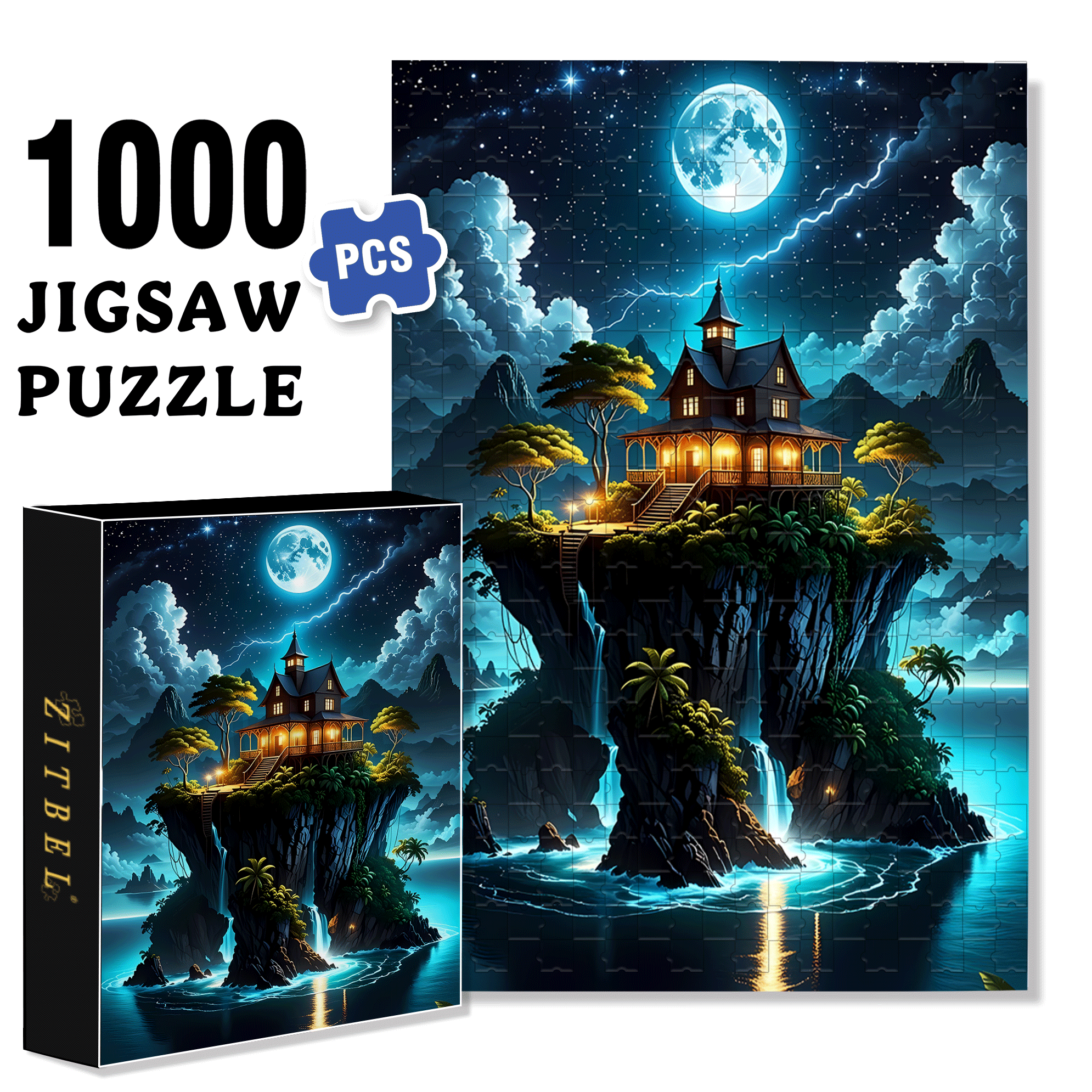 Moonlit Island 500pcs/1000pcs Jigsaw Puzzle, Scratch-Resistant, Interactive Family Game & Brain-Boosting DIY Decor, Perfect for Halloween, Christmas & New Year Gifts, Family Puzzle Game