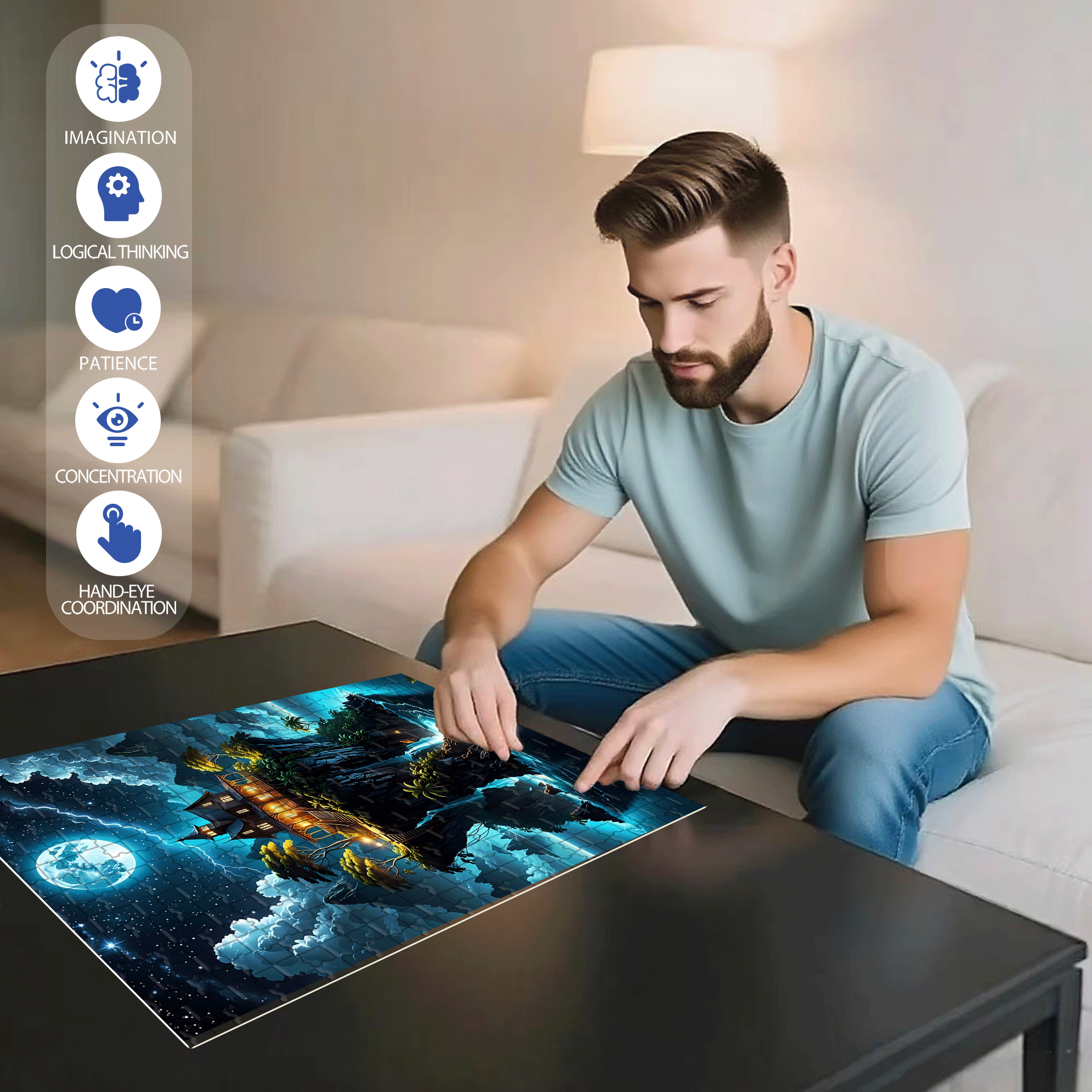 Moonlit Island 500pcs/1000pcs Jigsaw Puzzle, Scratch-Resistant, Interactive Family Game & Brain-Boosting DIY Decor, Perfect for Halloween, Christmas & New Year Gifts, Family Puzzle Game
