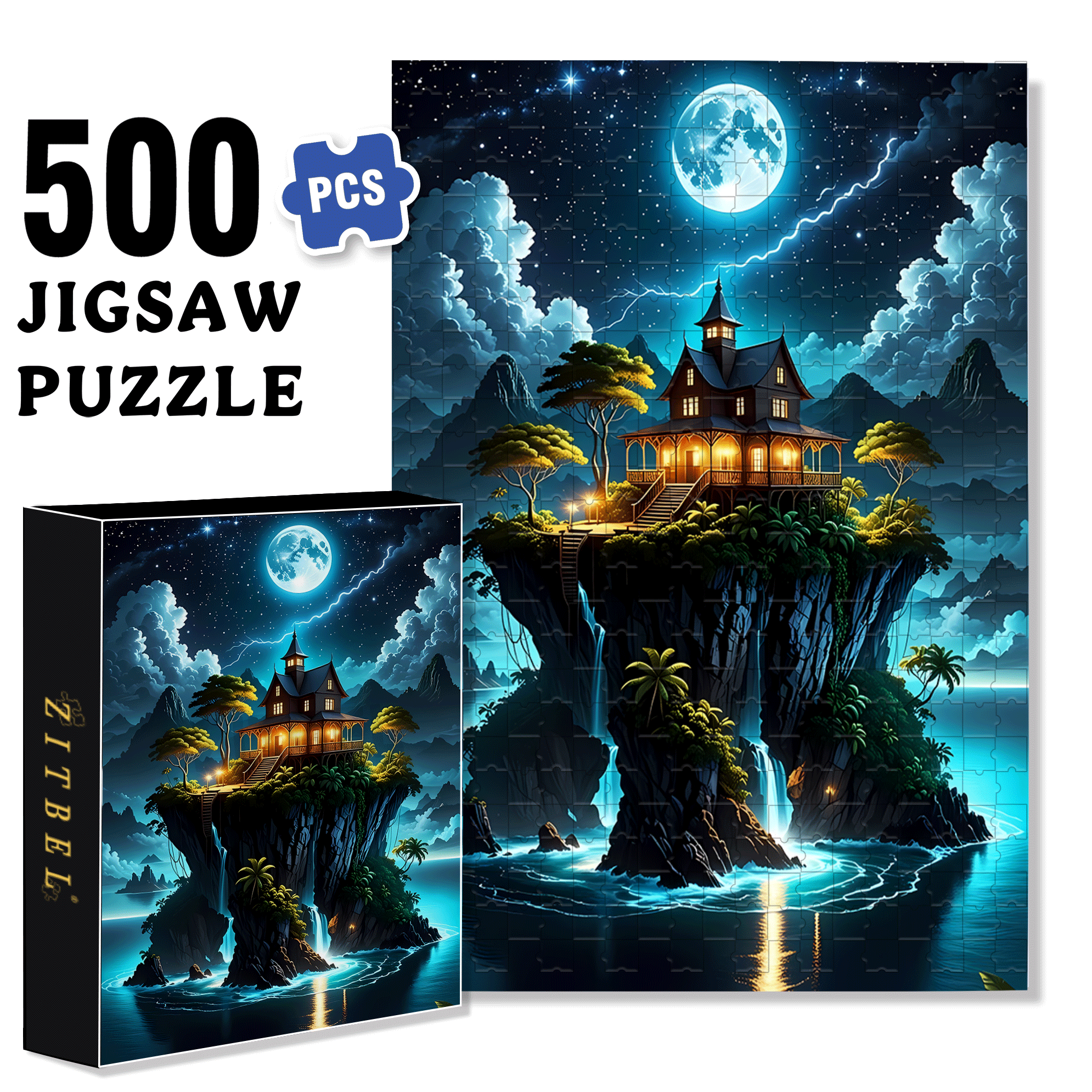 Moonlit Island 500pcs/1000pcs Jigsaw Puzzle, Scratch-Resistant, Interactive Family Game & Brain-Boosting DIY Decor, Perfect for Halloween, Christmas & New Year Gifts, Family Puzzle Game