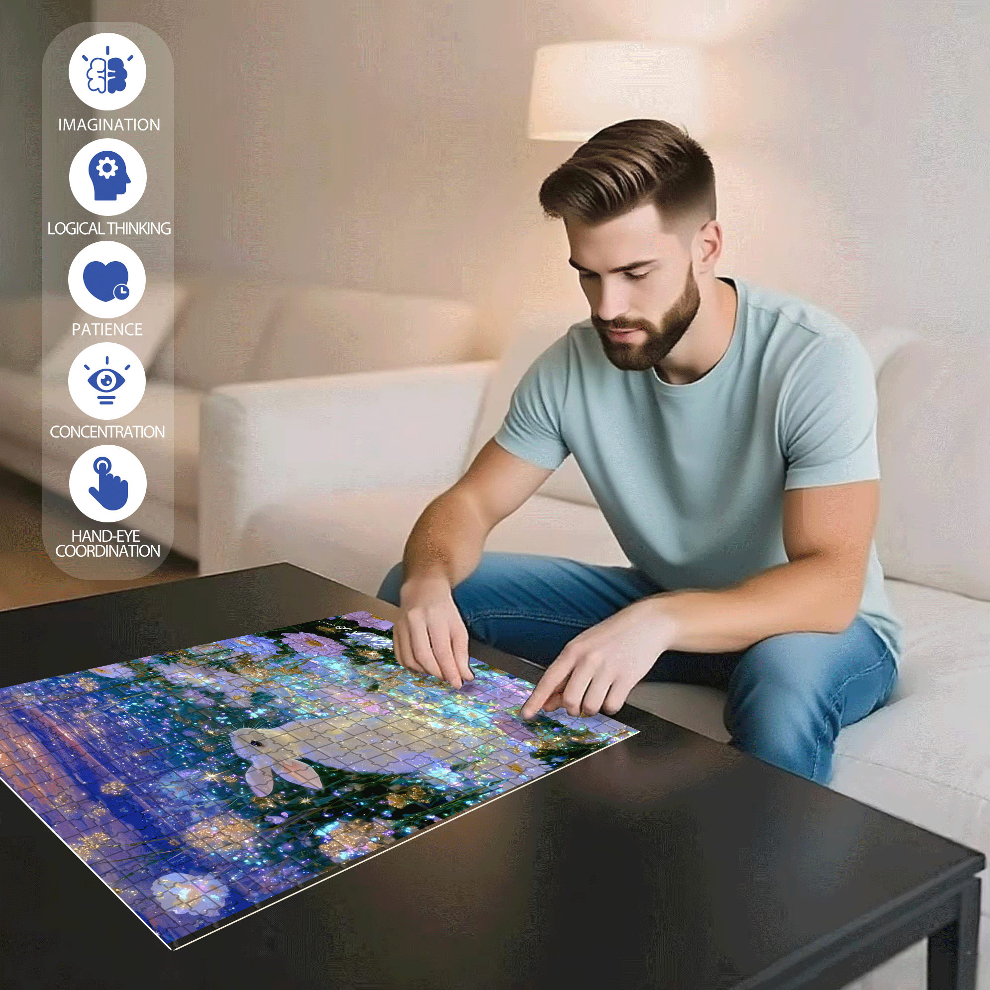 Sea of ??Flowers and Moon Rabbit 500pcs/1000pcs Jigsaw Puzzle, Scratch-Resistant, Interactive Family Game & Brain-Boosting DIY Decor, Perfect for Halloween, Christmas & New Year Gifts, Family Puzzle Game
