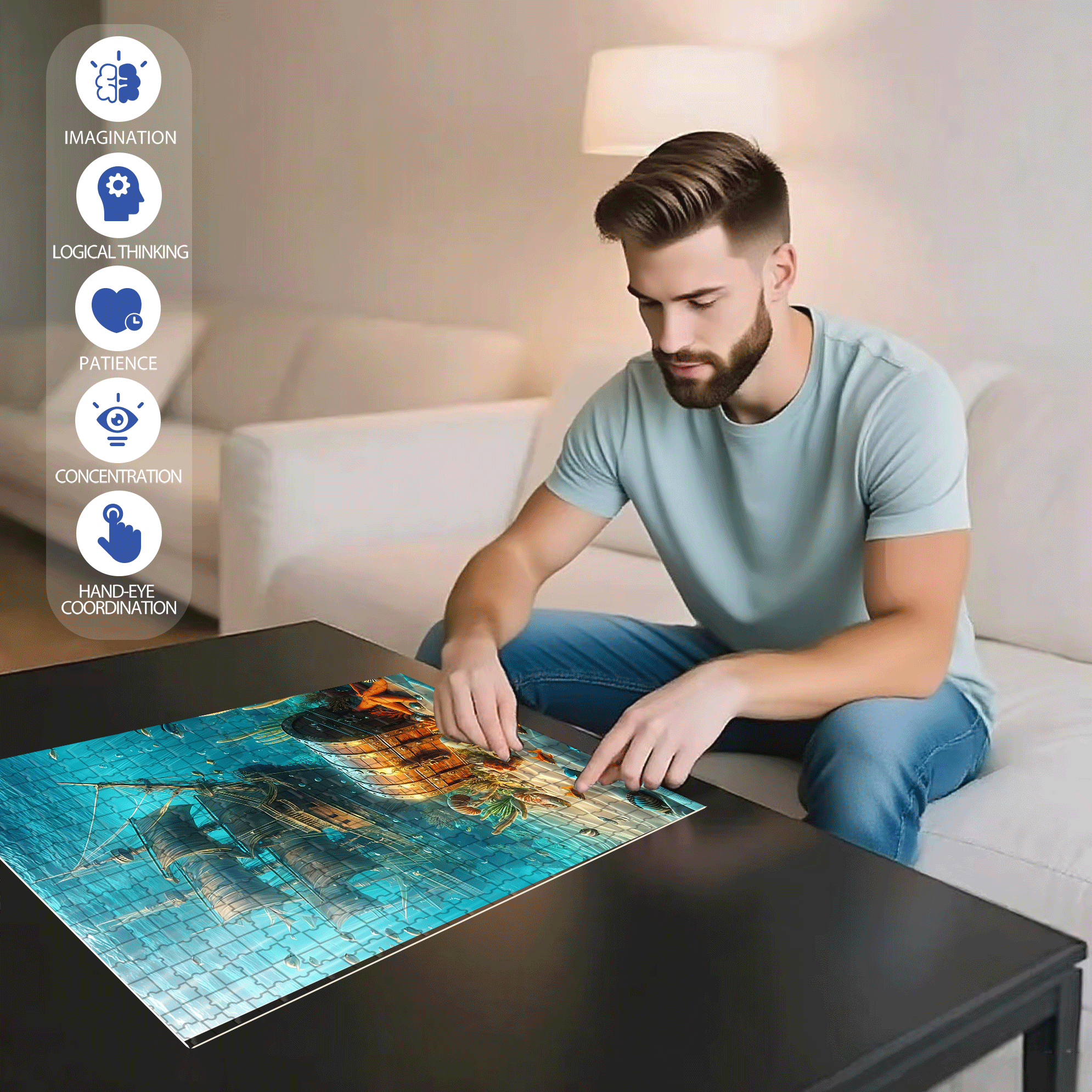 Sleeping Atlantic 500pcs/1000pcs Jigsaw Puzzle, Scratch-Resistant, Interactive Family Game & Brain-Boosting DIY Decor, Perfect for Halloween, Christmas & New Year Gifts, Family Puzzle Game
