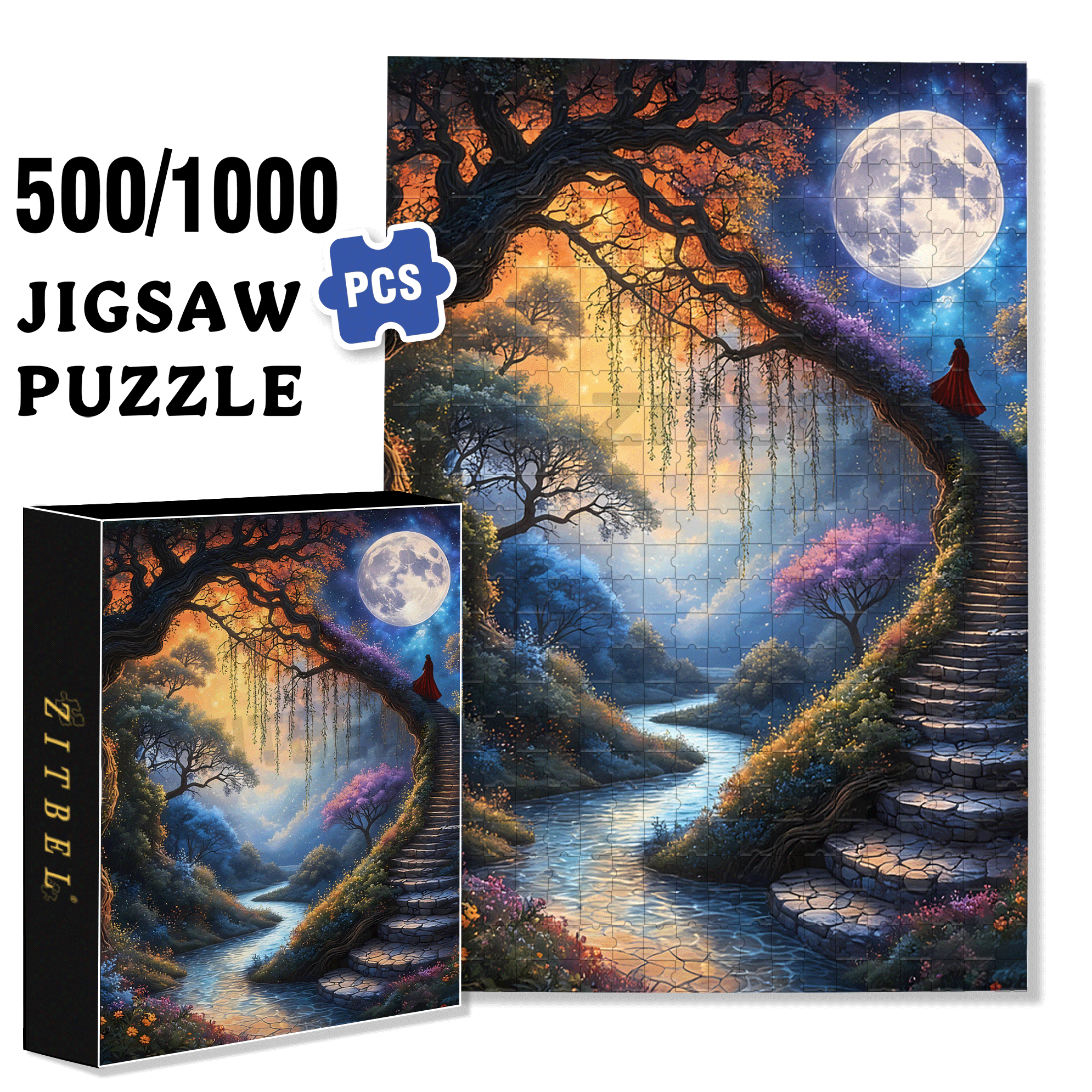 Stairway To The Moon 500pcs/1000pcs Jigsaw Puzzle, Scratch-Resistant, Interactive Family Game & Brain-Boosting DIY Decor, Perfect for Halloween, Christmas & New Year Gifts, Family Puzzle Game