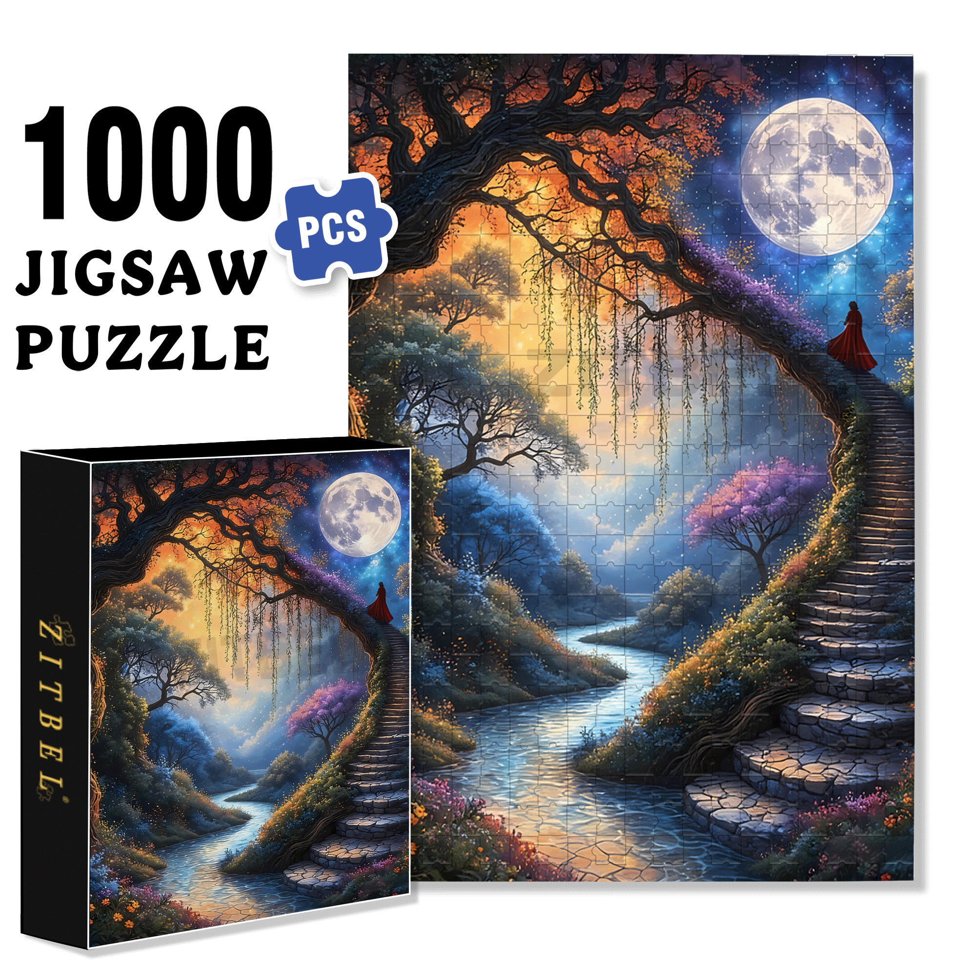 Stairway To The Moon 500pcs/1000pcs Jigsaw Puzzle, Scratch-Resistant, Interactive Family Game & Brain-Boosting DIY Decor, Perfect for Halloween, Christmas & New Year Gifts, Family Puzzle Game