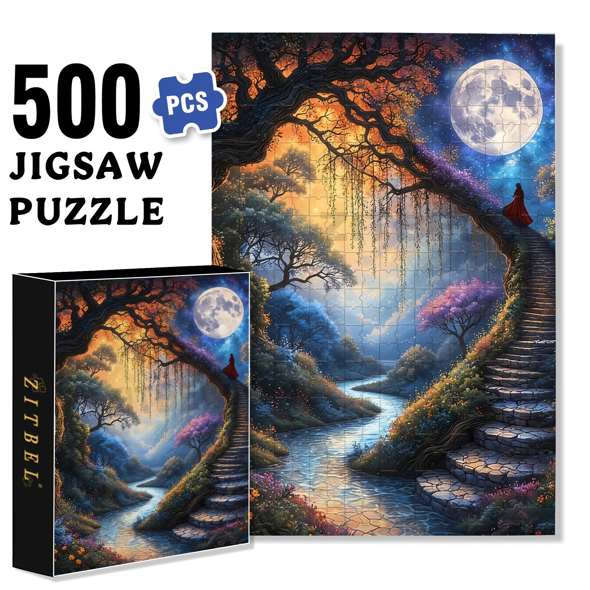 Stairway To The Moon 500pcs/1000pcs Jigsaw Puzzle, Scratch-Resistant, Interactive Family Game & Brain-Boosting DIY Decor, Perfect for Halloween, Christmas & New Year Gifts, Family Puzzle Game