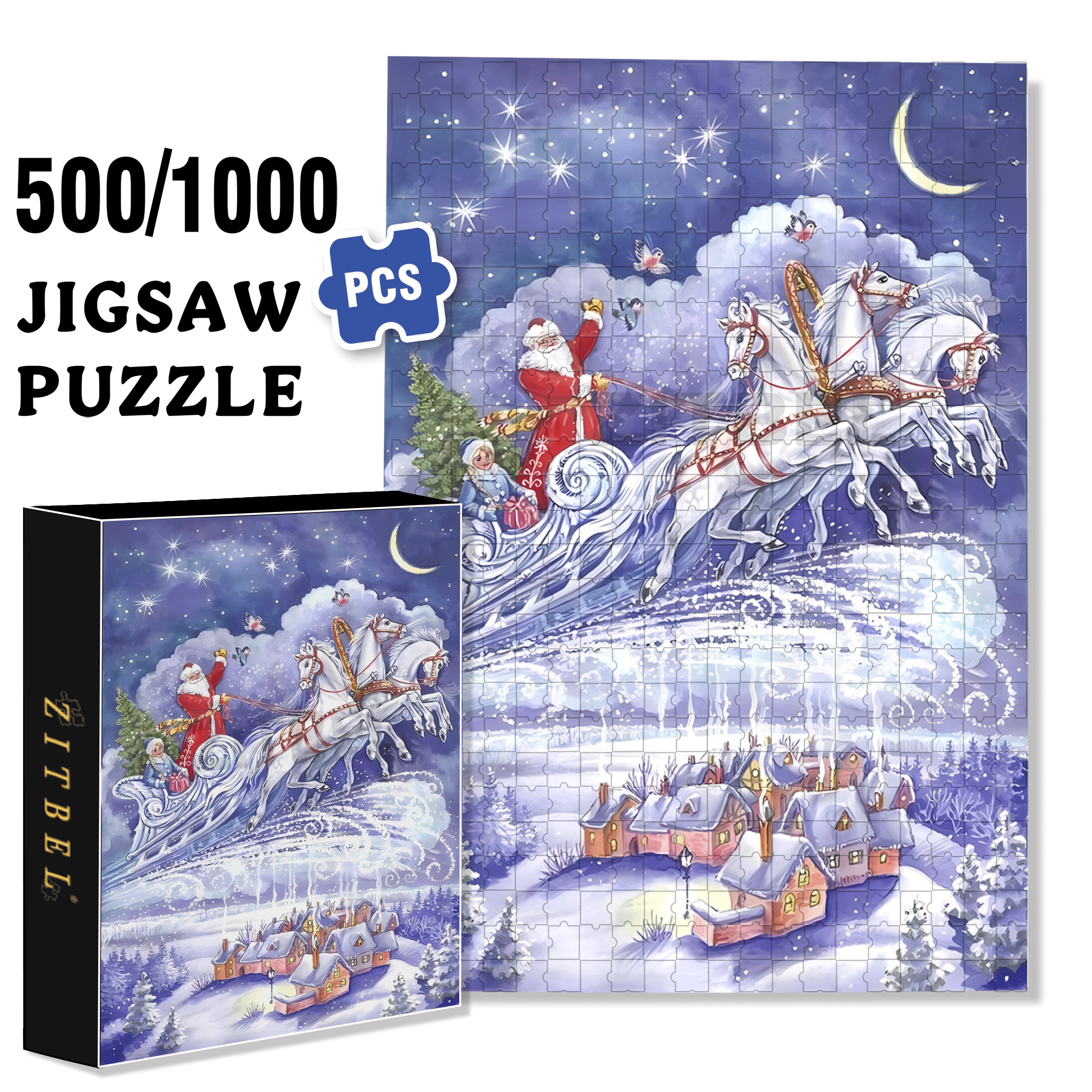 Starry Night Sleigh 500pcs/1000pcs Jigsaw Puzzle, Scratch-Resistant, Interactive Family Game & Brain-Boosting DIY Decor, Perfect for Halloween, Christmas & New Year Gifts, Family Puzzle Game