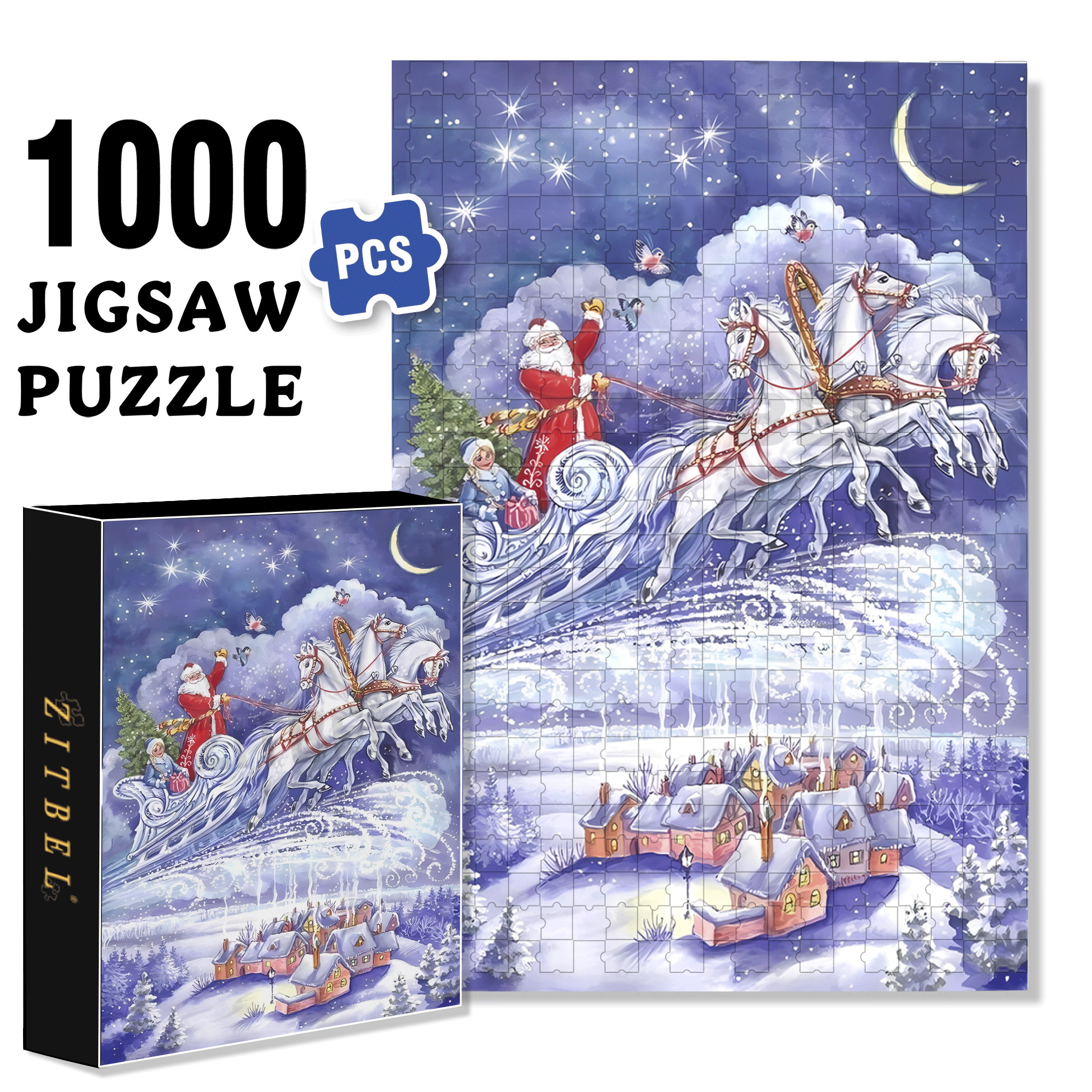 Starry Night Sleigh 500pcs/1000pcs Jigsaw Puzzle, Scratch-Resistant, Interactive Family Game & Brain-Boosting DIY Decor, Perfect for Halloween, Christmas & New Year Gifts, Family Puzzle Game