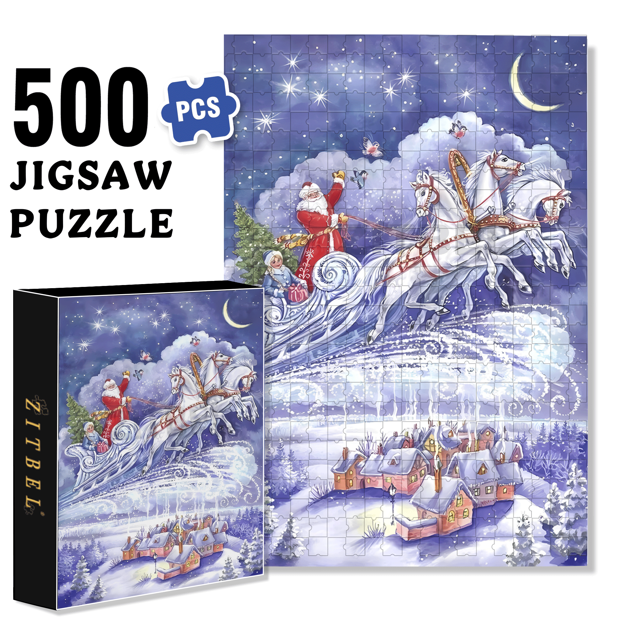 Starry Night Sleigh 500pcs/1000pcs Jigsaw Puzzle, Scratch-Resistant, Interactive Family Game & Brain-Boosting DIY Decor, Perfect for Halloween, Christmas & New Year Gifts, Family Puzzle Game