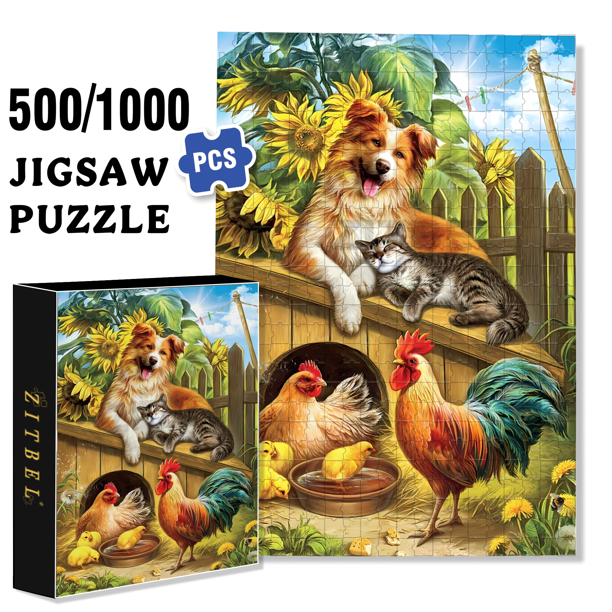 Summer Farm Friends 500pcs/1000pcs Jigsaw Puzzle, Scratch-Resistant, Interactive Family Game & Brain-Boosting DIY Decor, Perfect for Halloween, Christmas & New Year Gifts, Family Puzzle Game