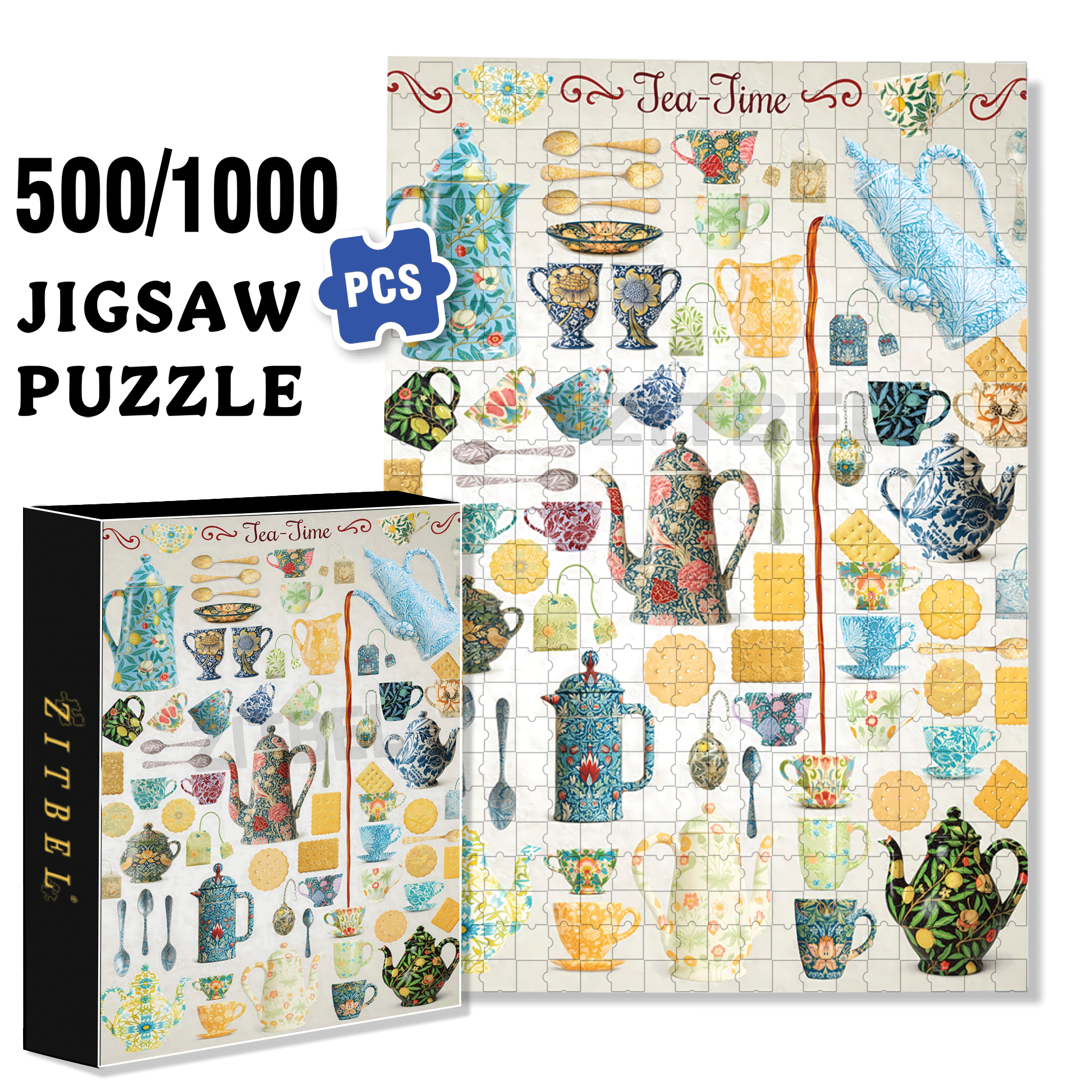 Tea Times 500pcs/1000pcs Jigsaw Puzzle, Scratch-Resistant, Interactive Family Game & Brain-Boosting DIY Decor, Perfect for Halloween, Christmas & New Year Gifts, Family Puzzle Game