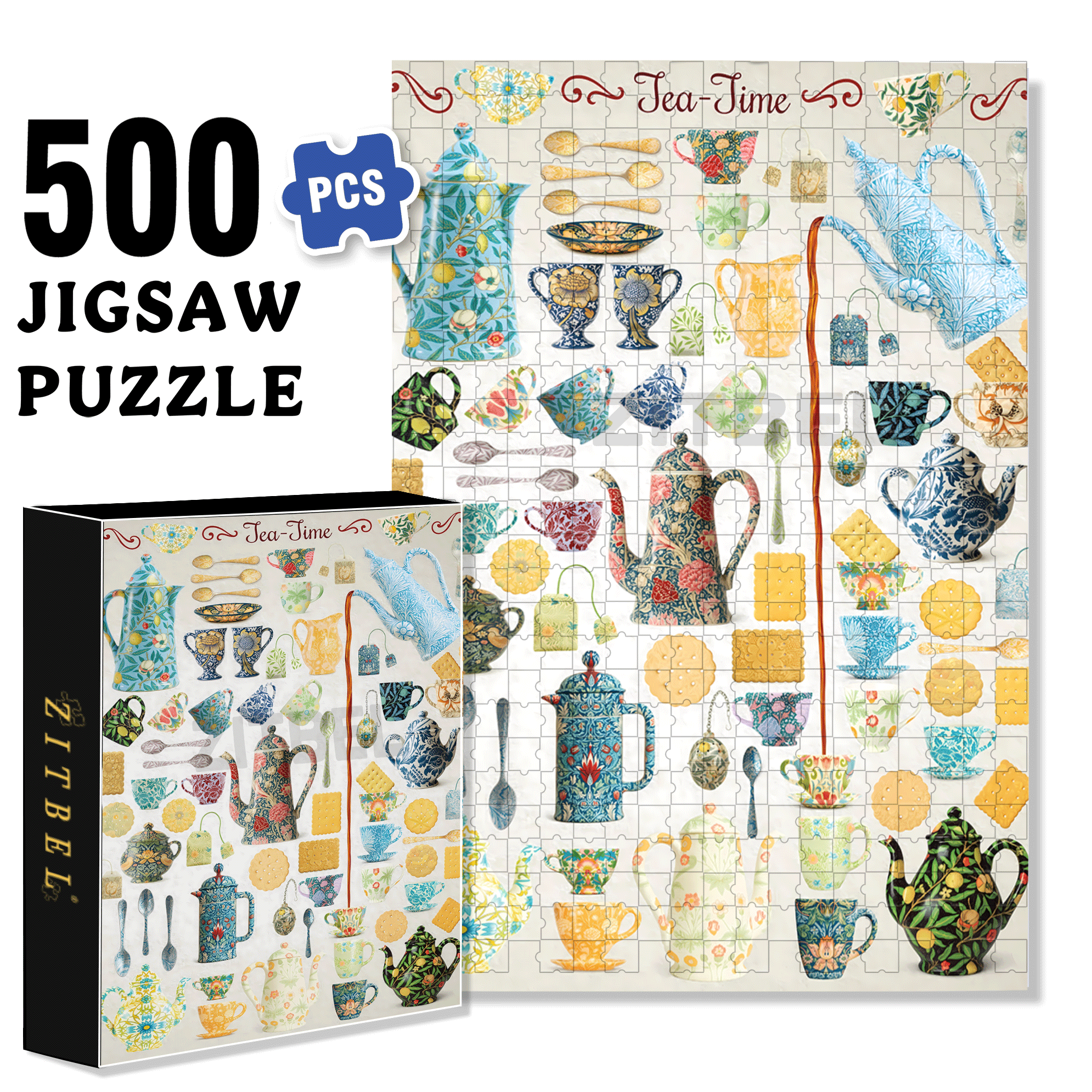 Tea Times 500pcs/1000pcs Jigsaw Puzzle, Scratch-Resistant, Interactive Family Game & Brain-Boosting DIY Decor, Perfect for Halloween, Christmas & New Year Gifts, Family Puzzle Game